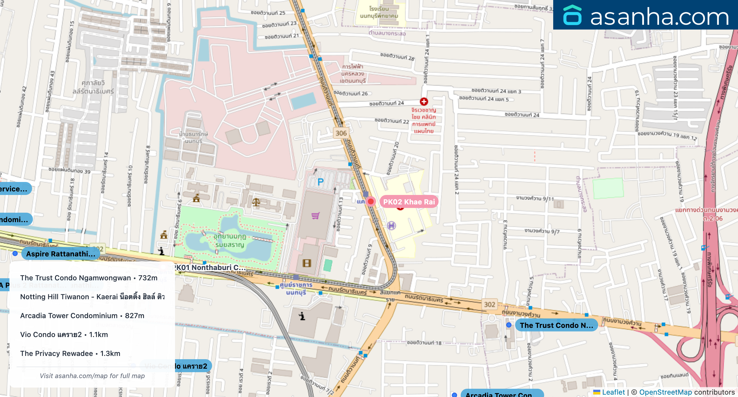 Map of condo projects near PK02 Khae Rai station. Nearest projects are The Trust Condo Ngamwongwan 732 m, Notting Hill Tiwanon - Kaerai น็อตติ้ง ฮิลล์ ติวานนท์ แคราย 797 m, Arcadia Tower Condominium 827 m, Vio Condo แคราย2 1.1 km, The Privacy Rewadee 1.3 km. Visit asanha.com/map for the full map