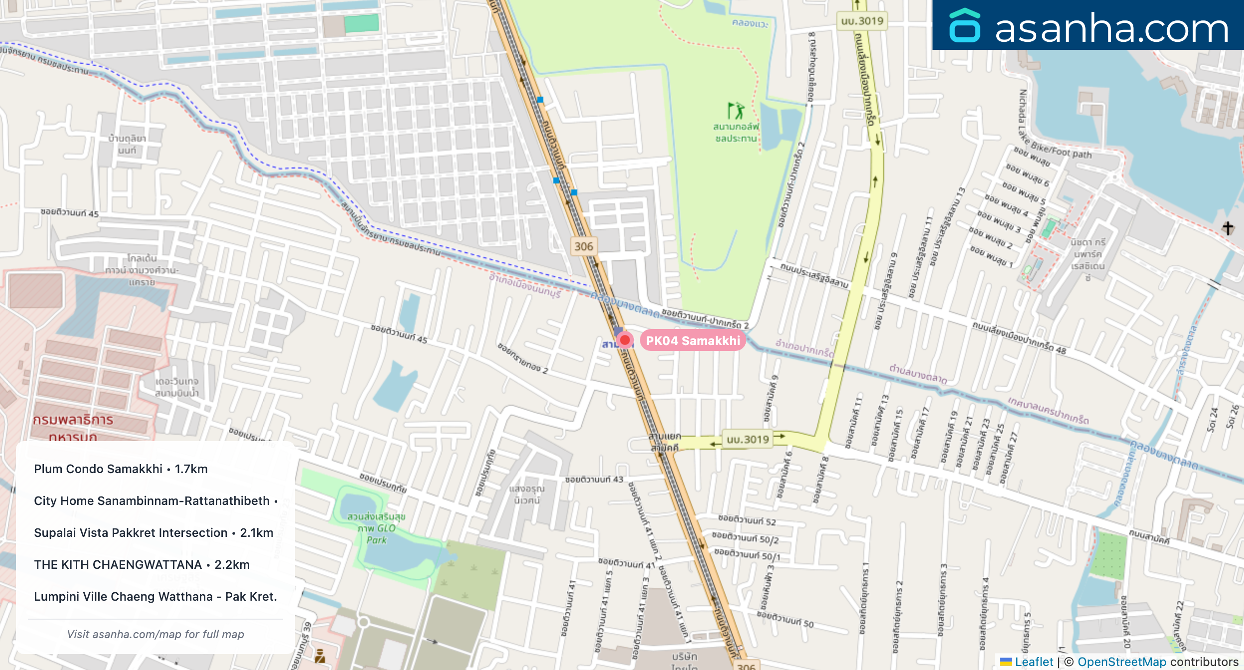 Map of condo projects near PK04 Samakkhi station. Nearest projects are Plum Condo Samakkhi 1.7 km, City Home Sanambinnam-Rattanathibeth 2.0 km, Supalai Vista Pakkret Intersection 2.1 km, THE KITH CHAENGWATTANA 2.2 km, Lumpini Ville Chaeng Watthana - Pak Kret. 2.4 km. Visit asanha.com/map for the full map