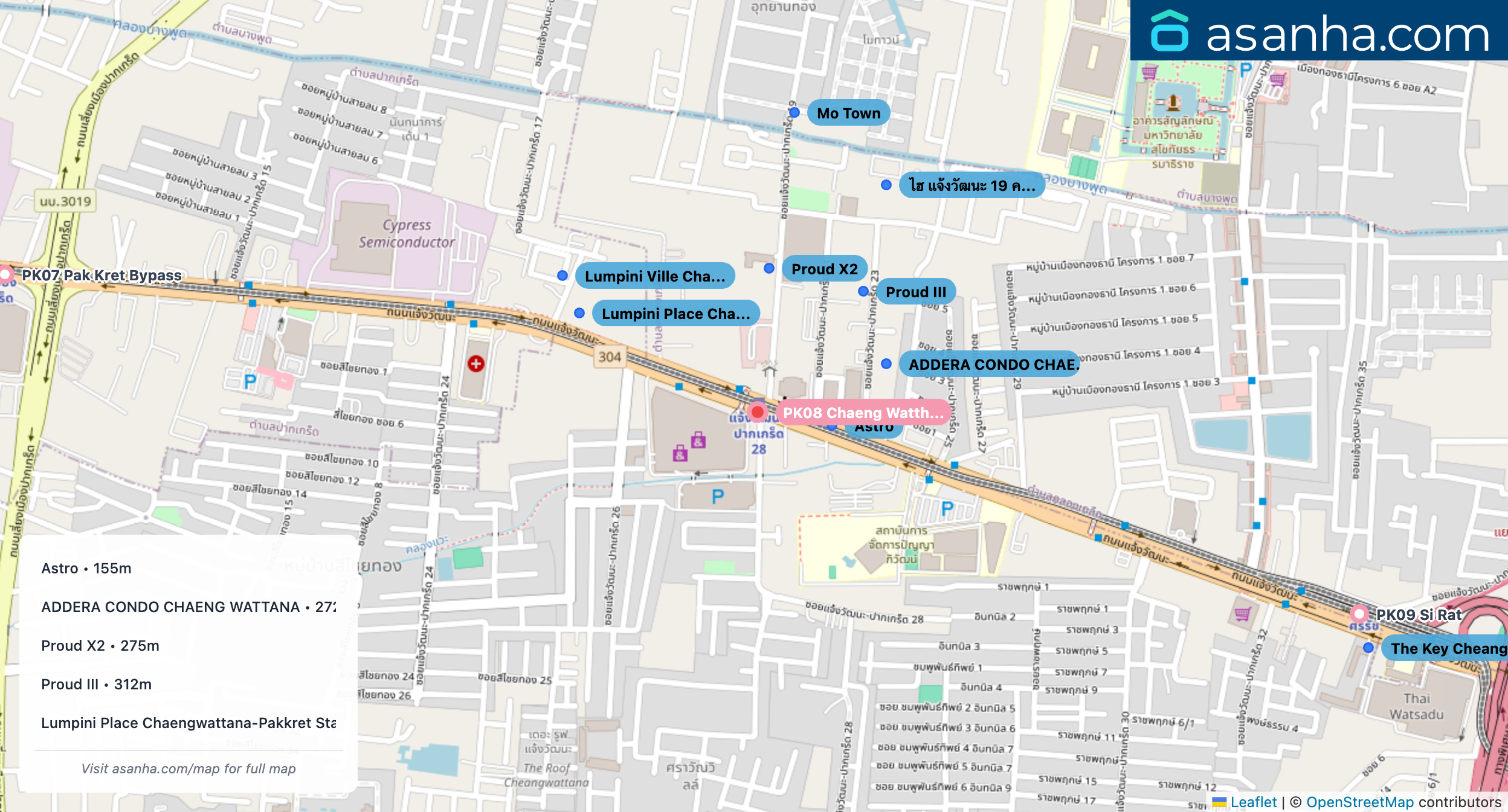 Map of condo projects near PK08 Chaeng Watthana - Pak Kret 28 station. Nearest projects are Astro 155 m, ADDERA CONDO CHAENG WATTANA 272 m, Proud X2 275 m, Proud III 312 m, Lumpini Place Chaengwattana-Pakkret Station 383 m. Visit asanha.com/map for the full map