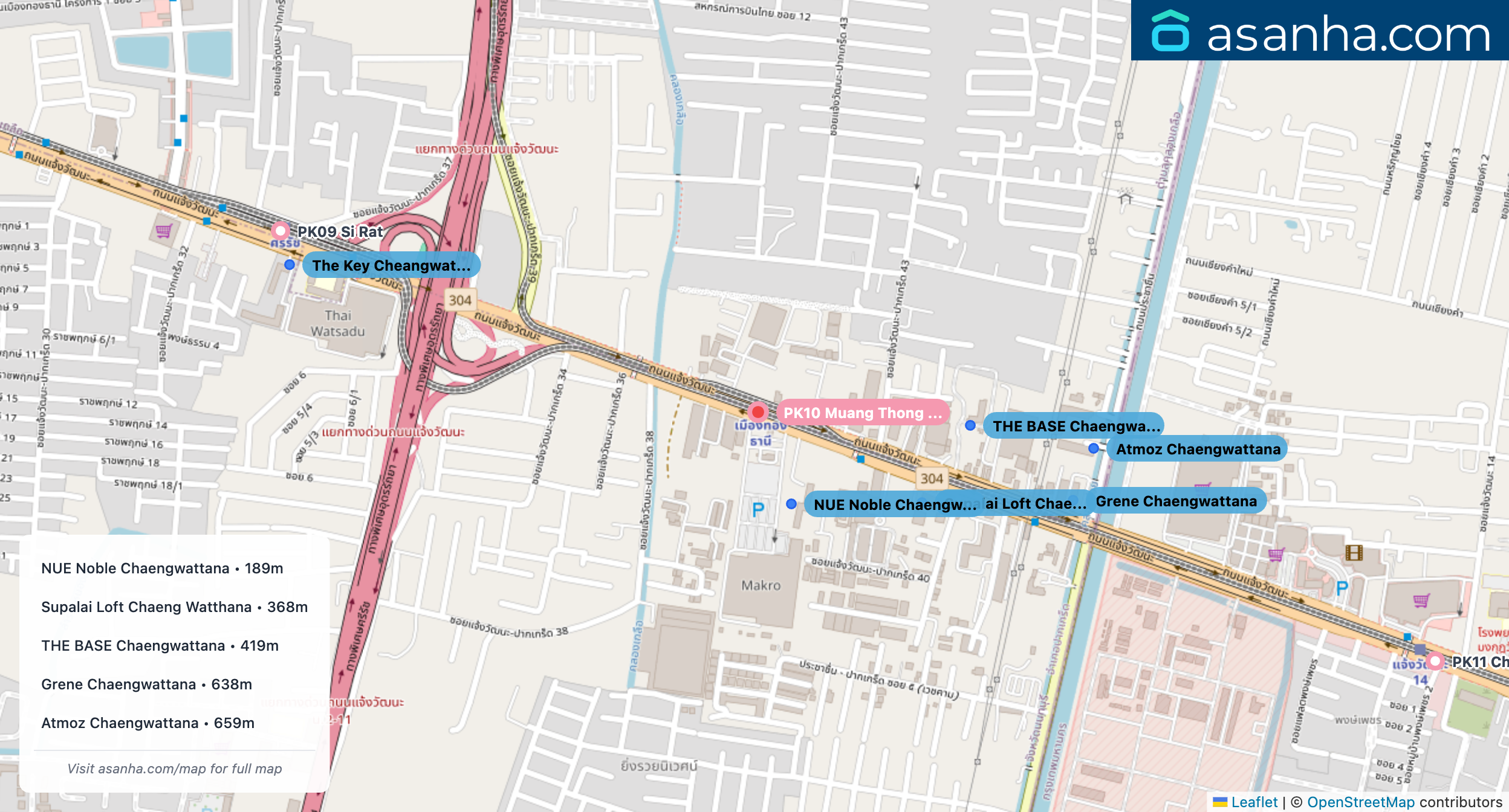 Map of condo projects near PK10 Muang Thong Thani station. Nearest projects are NUE Noble Chaengwattana 189 m, Supalai Loft Chaeng Watthana 368 m, THE BASE Chaengwattana 419 m, Grene Chaengwattana 638 m, Atmoz Chaengwattana 659 m. Visit asanha.com/map for the full map