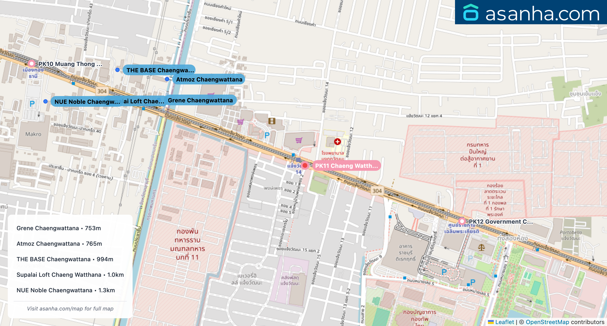 Map of condo projects near PK11 Chaeng Watthana 14 station. Nearest projects are Grene Chaengwattana 753 m, Atmoz Chaengwattana 765 m, THE BASE Chaengwattana 994 m, Supalai Loft Chaeng Watthana 1.0 km, NUE Noble Chaengwattana 1.3 km. Visit asanha.com/map for the full map