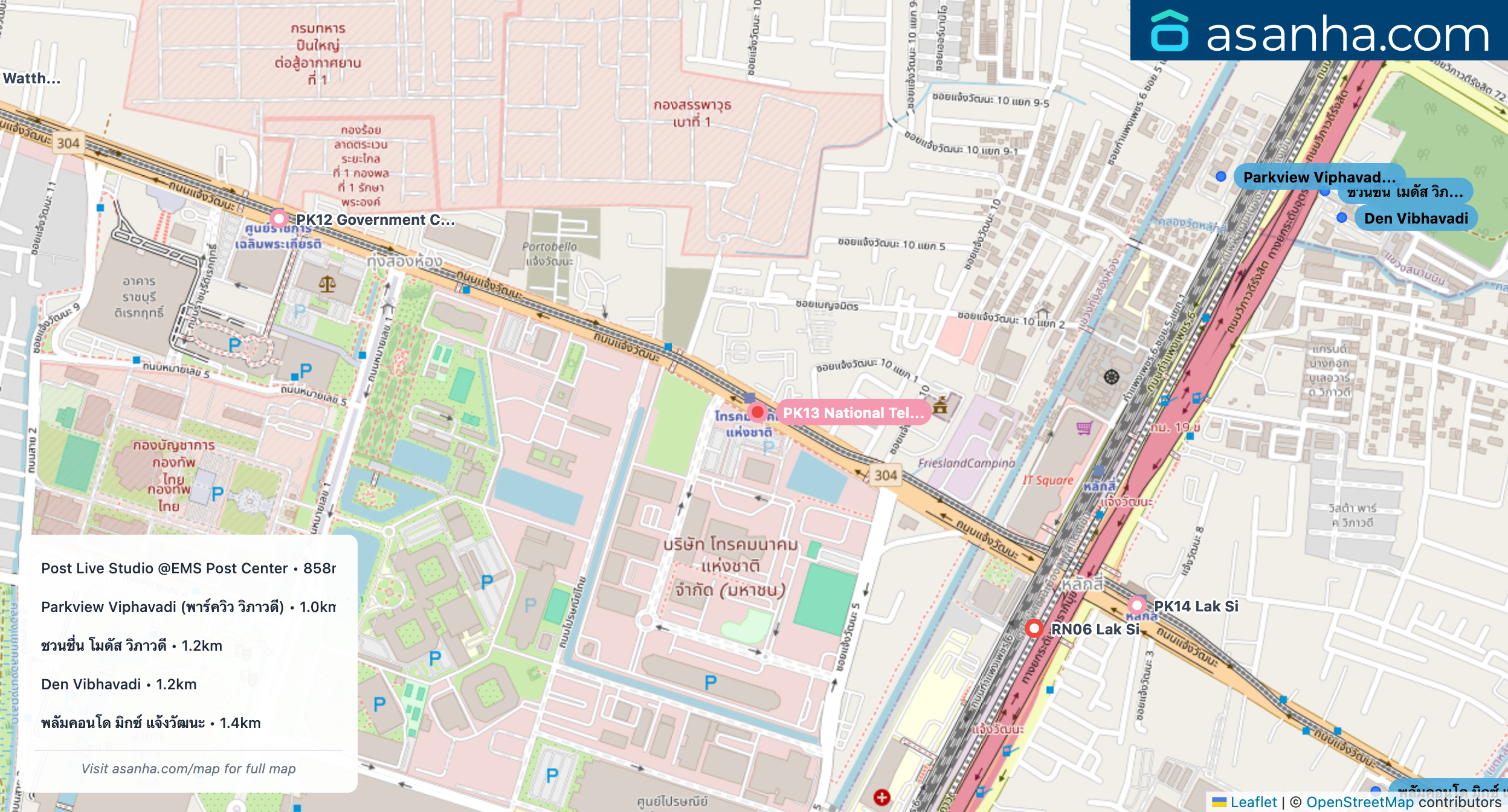 Map of condo projects near PK13 National Telecom station. Nearest projects are Post Live Studio @EMS Post Center 858 m, Parkview Viphavadi (พาร์ควิว วิภาวดี) 1.0 km, ชวนชื่น โมดัส วิภาวดี 1.2 km, Den Vibhavadi 1.2 km, พลัมคอนโด มิกซ์ แจ้งวัฒนะ 1.4 km. Visit asanha.com/map for the full map