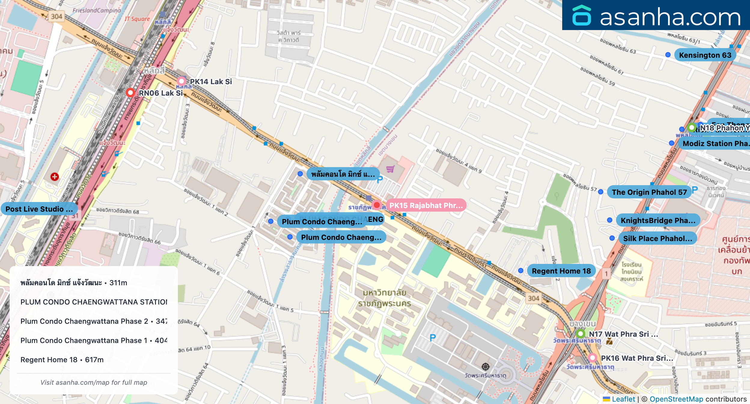Map of condo projects near PK15 Rajabhat Phranakhon station. Nearest projects are พลัมคอนโด มิกซ์ แจ้งวัฒนะ 311 m, PLUM CONDO CHAENGWATTANA STATION พลัม คอนโด แจ้งวัฒนะ สเตชั่น 337 m, Plum Condo Chaengwattana Phase 2 347 m, Plum Condo Chaengwattana Phase 1 404 m, Regent Home 18 617 m. Visit asanha.com/map for the full map