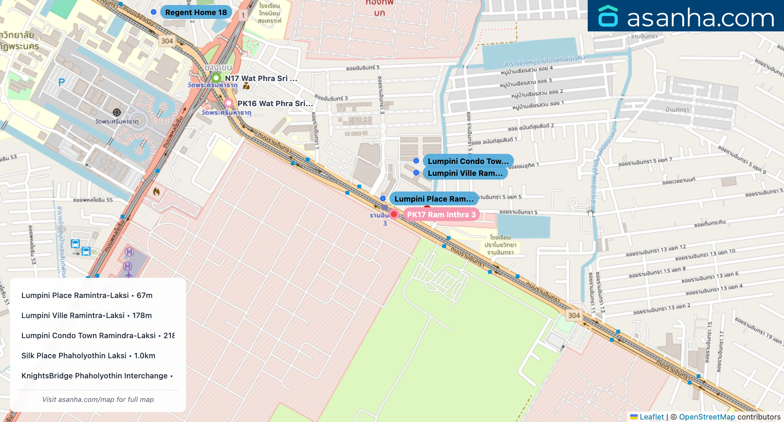 Map of condo projects near PK17 Ram Inthra 3 station. Nearest projects are Lumpini Place Ramintra-Laksi 67 m, Lumpini Ville Ramintra-Laksi 178 m, Lumpini Condo Town Ramindra-Laksi 218 m, Silk Place Phaholyothin Laksi 1.0 km, KnightsBridge Phaholyothin Interchange 1.1 km. Visit asanha.com/map for the full map