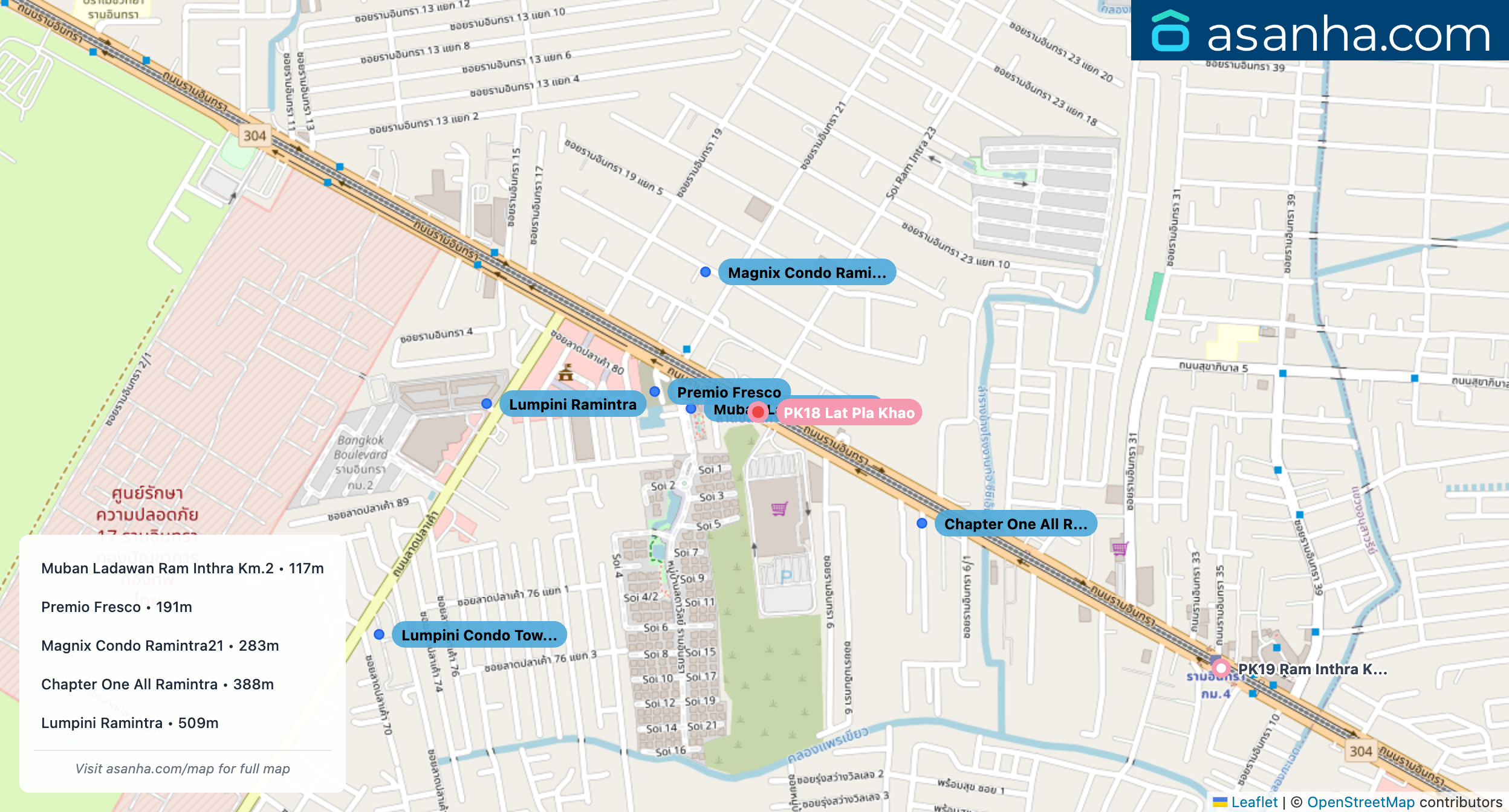 Map of condo projects near PK18 Lat Pla Khao station. Nearest projects are Muban Ladawan Ram Inthra Km.2 117 m, Premio Fresco 191 m, Magnix Condo Ramintra21 283 m, Chapter One All Ramintra 388 m, Lumpini Ramintra 509 m. Visit asanha.com/map for the full map
