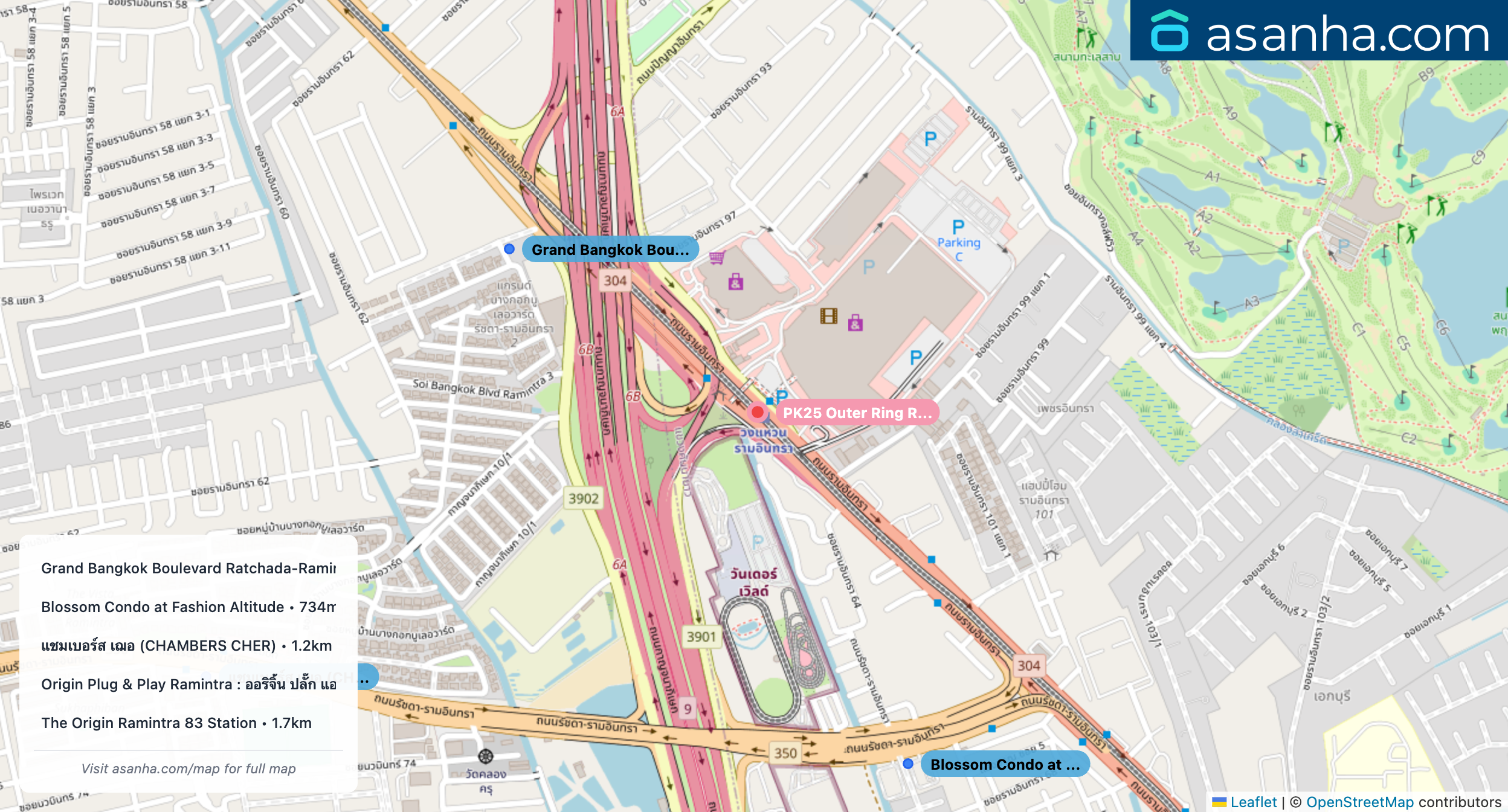Map of condo projects near PK25 Outer Ring Road - Ram Inthra station. Nearest projects are Grand Bangkok Boulevard Ratchada-Ramintra 2 561 m, Blossom Condo at Fashion Altitude 734 m, แชมเบอร์ส เฌอ (CHAMBERS CHER) 1.2 km, Origin Plug & Play Ramintra : ออริจิ้น ปลั๊ก แอนด์ เพลย์ รามอินทรา 1.6 km, The Origin Ramintra 83 Station 1.7 km. Visit asanha.com/map for the full map