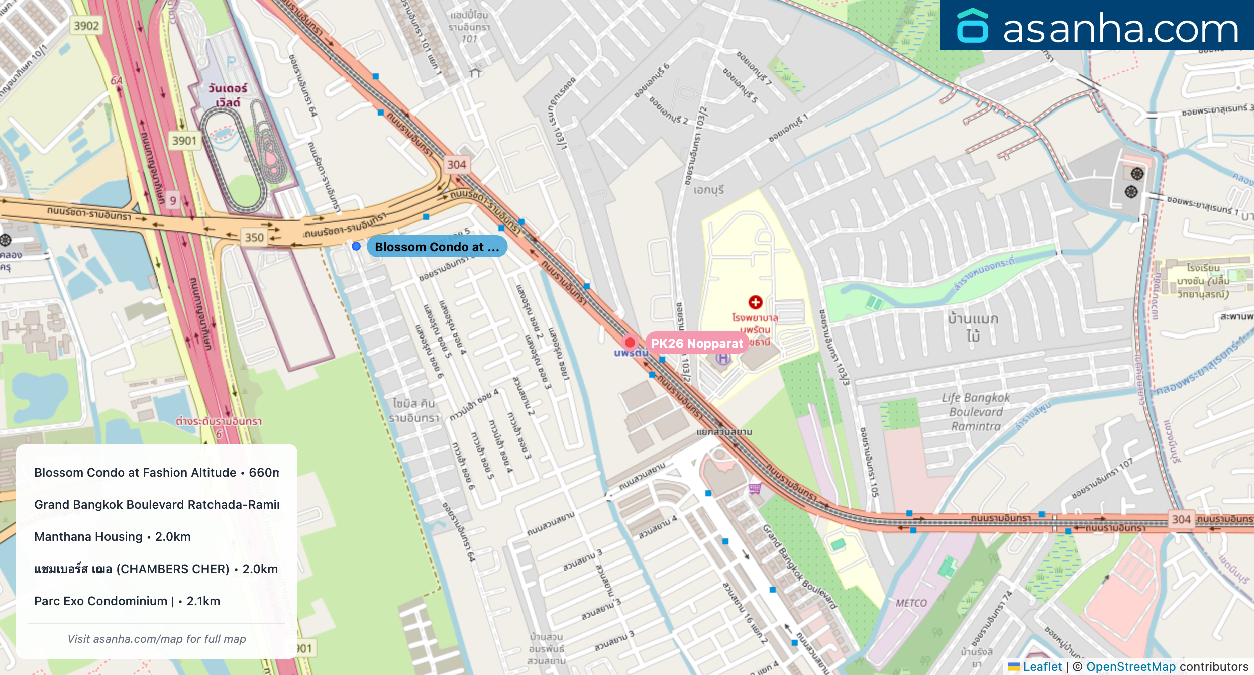 Map of condo projects near PK26 Nopparat station. Nearest projects are Blossom Condo at Fashion Altitude 660 m, Grand Bangkok Boulevard Ratchada-Ramintra 2 1.8 km, Manthana Housing 2.0 km, แชมเบอร์ส เฌอ (CHAMBERS CHER) 2.0 km, Parc Exo Condominium | 2.1 km. Visit asanha.com/map for the full map