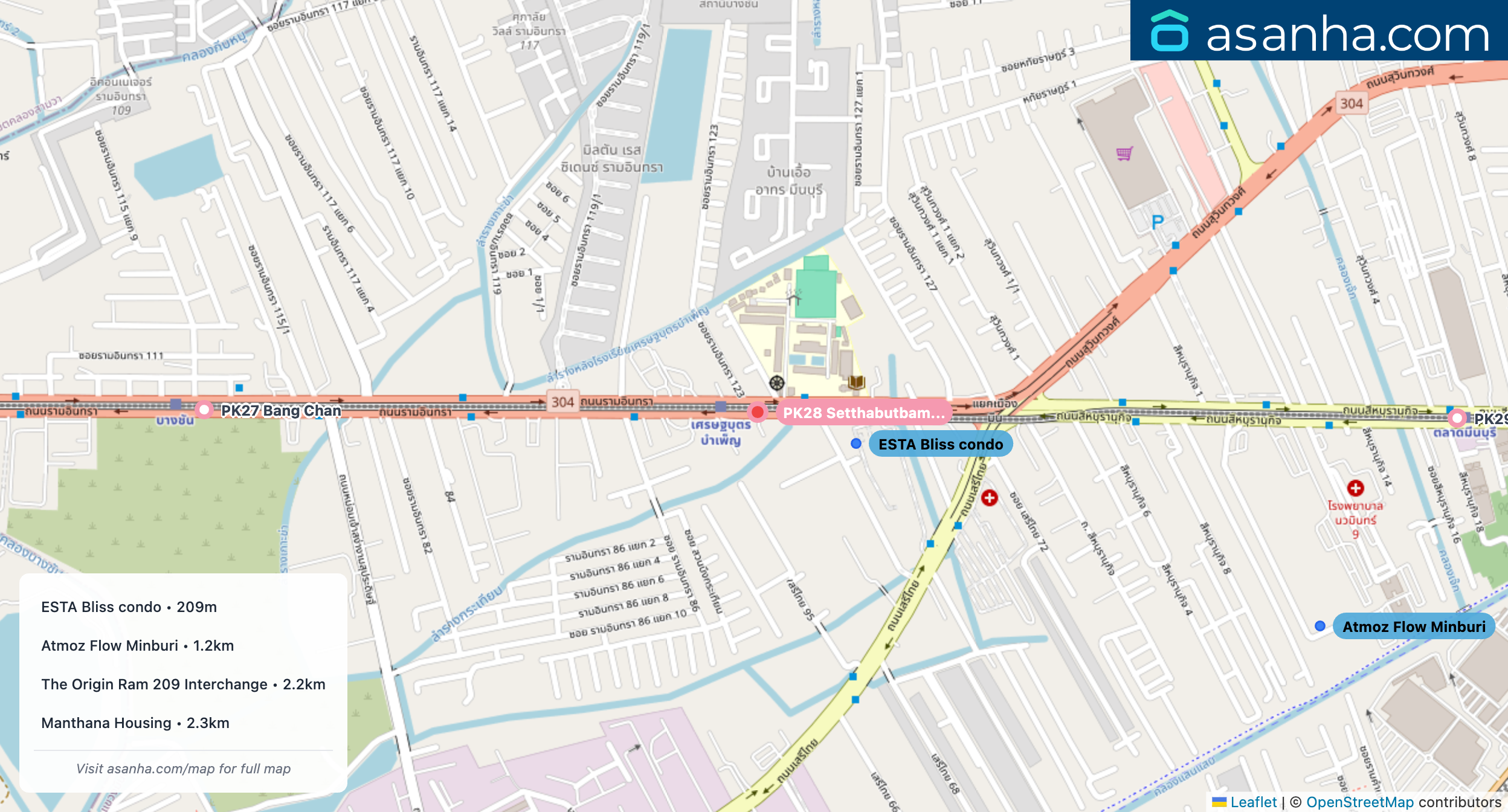 Map of condo projects near PK28 Setthabutbamphen station. Nearest projects are ESTA Bliss condo 209 m, Atmoz Flow Minburi 1.2 km, The Origin Ram 209 Interchange 2.2 km, Manthana Housing 2.3 km. Visit asanha.com/map for the full map
