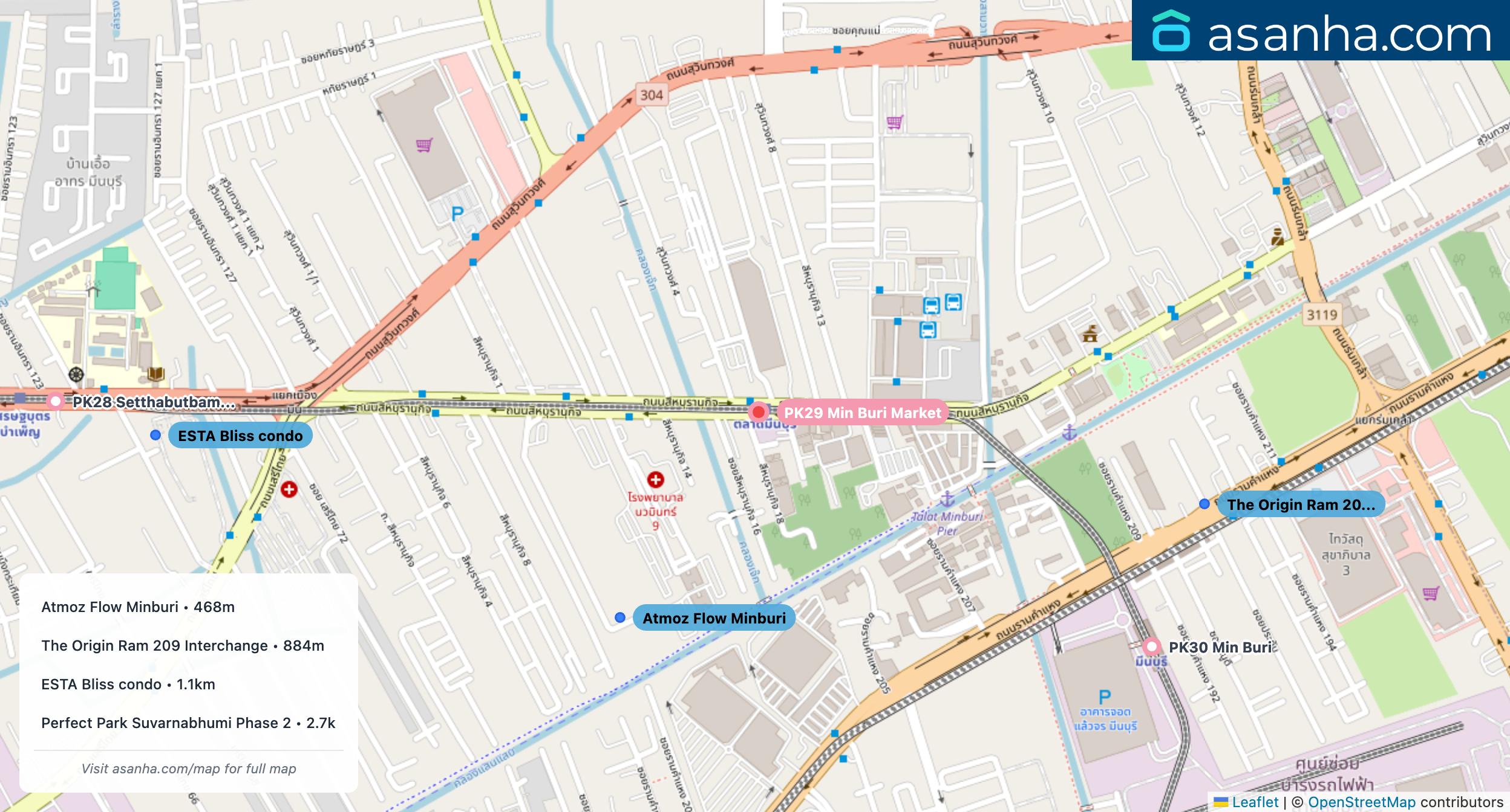 Map of condo projects near PK29 Min Buri Market station. Nearest projects are Atmoz Flow Minburi 468 m, The Origin Ram 209 Interchange 884 m, ESTA Bliss condo 1.1 km, Perfect Park Suvarnabhumi Phase 2 2.7 km. Visit asanha.com/map for the full map