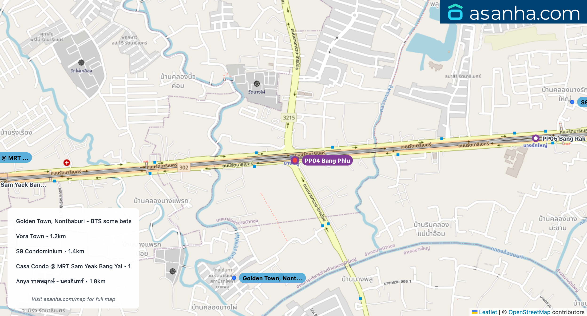 Map of condo projects near PP04 Bang Phlu station. Nearest projects are Golden Town, Nonthaburi - BTS some betel. 644 m, Vora Town 1.2 km, S9 Condominium 1.4 km, Casa Condo @ MRT Sam Yeak Bang Yai 1.7 km, Anya ราชพฤกษ์ - นครอินทร์ 1.8 km. Visit asanha.com/map for the full map
