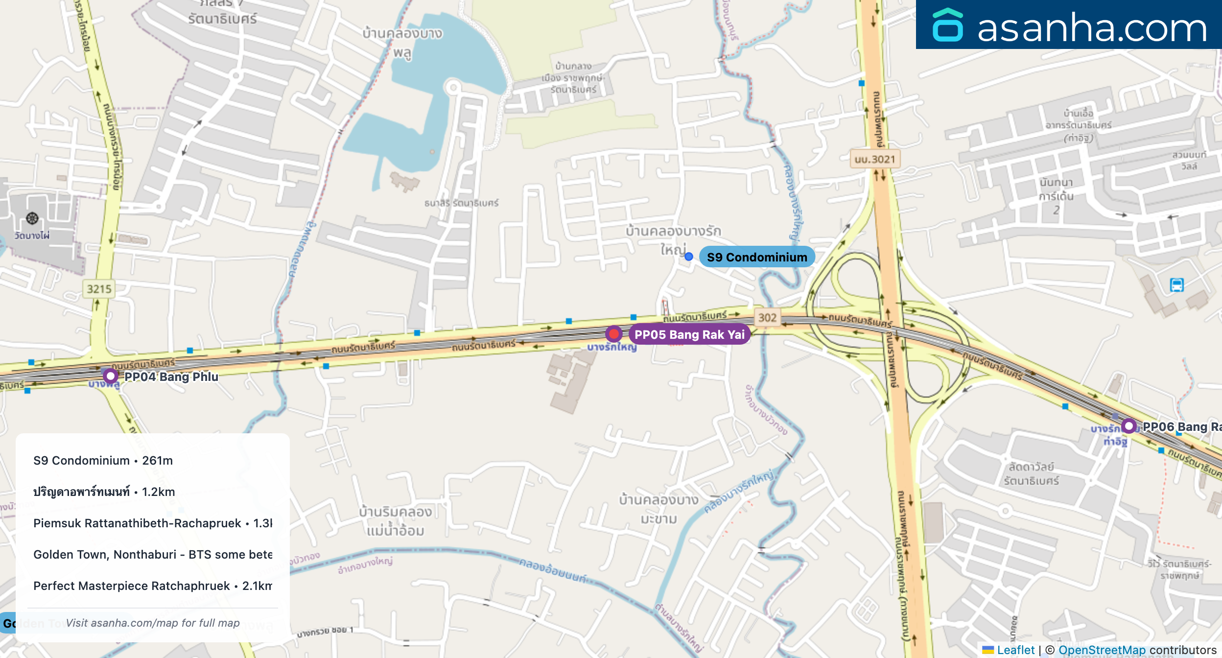 Map of condo projects near PP05 Bang Rak Yai station. Nearest projects are S9 Condominium 261 m, ปริญดาอพาร์ทเมนท์ 1.2 km, Piemsuk Rattanathibeth-Rachapruek 1.3 km, Golden Town, Nonthaburi - BTS some betel. 1.6 km, Perfect Masterpiece Ratchaphruek 2.1 km. Visit asanha.com/map for the full map