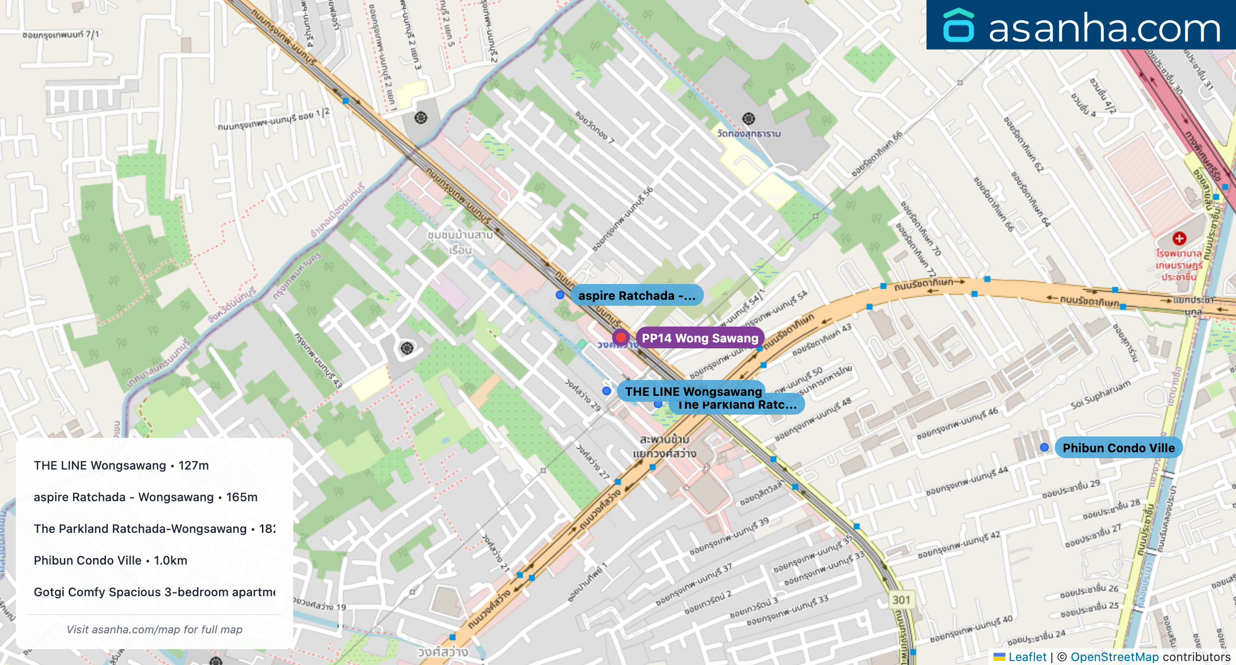 Map of condo projects near PP14 Wong Sawang station. Nearest projects are THE LINE Wongsawang 127 m, aspire Ratchada - Wongsawang 165 m, The Parkland Ratchada-Wongsawang 182 m, Phibun Condo Ville 1.0 km, Gotgi Comfy Spacious 3-bedroom apartment near the JJ market 1.1 km. Visit asanha.com/map for the full map