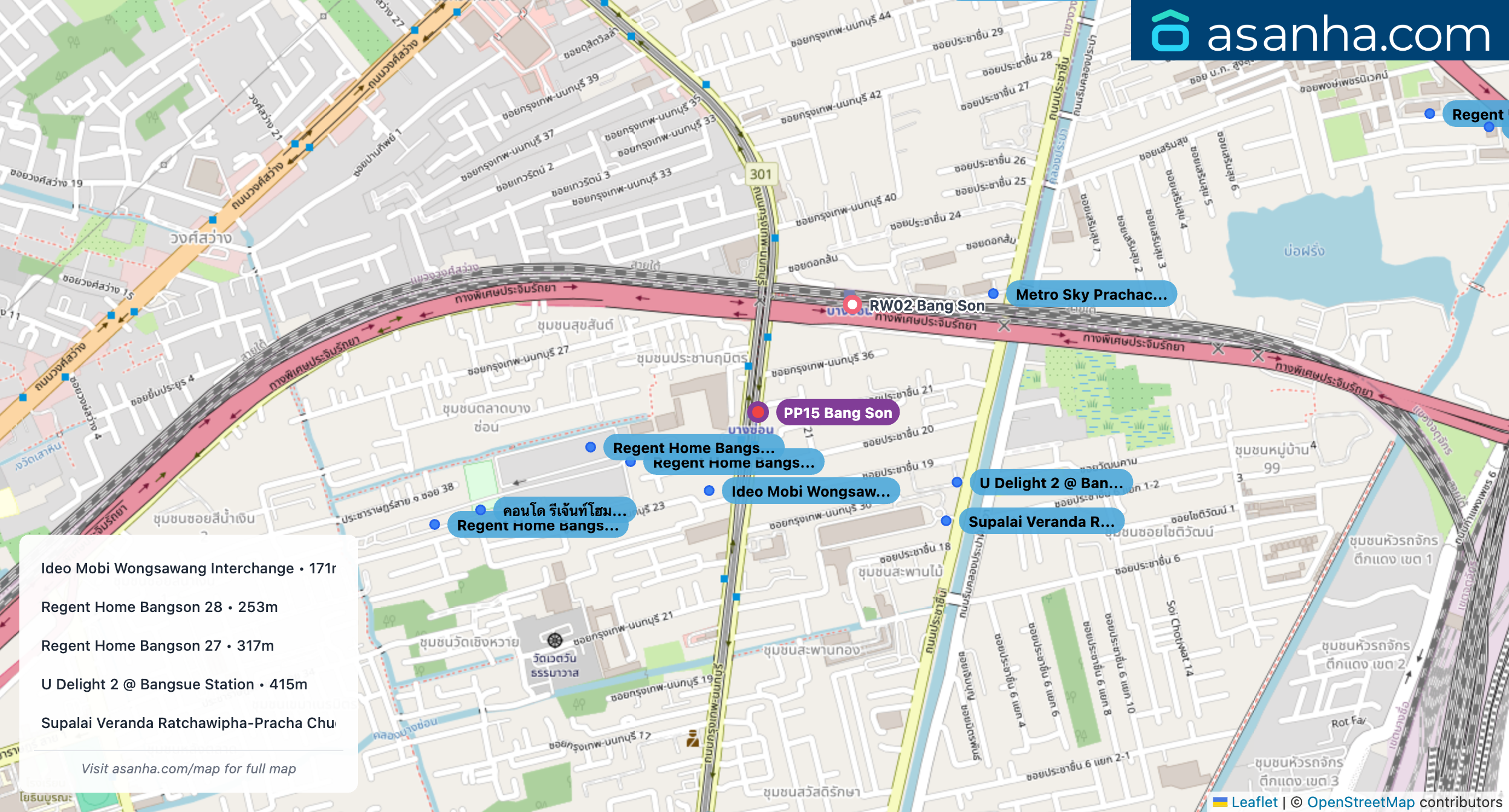 Map of condo projects near PP15 Bang Son station. Nearest projects are Ideo Mobi Wongsawang Interchange 171 m, Regent Home Bangson 28 253 m, Regent Home Bangson 27 317 m, U Delight 2 @ Bangsue Station 415 m, Supalai Veranda Ratchawipha-Pracha Chuen 425 m. Visit asanha.com/map for the full map