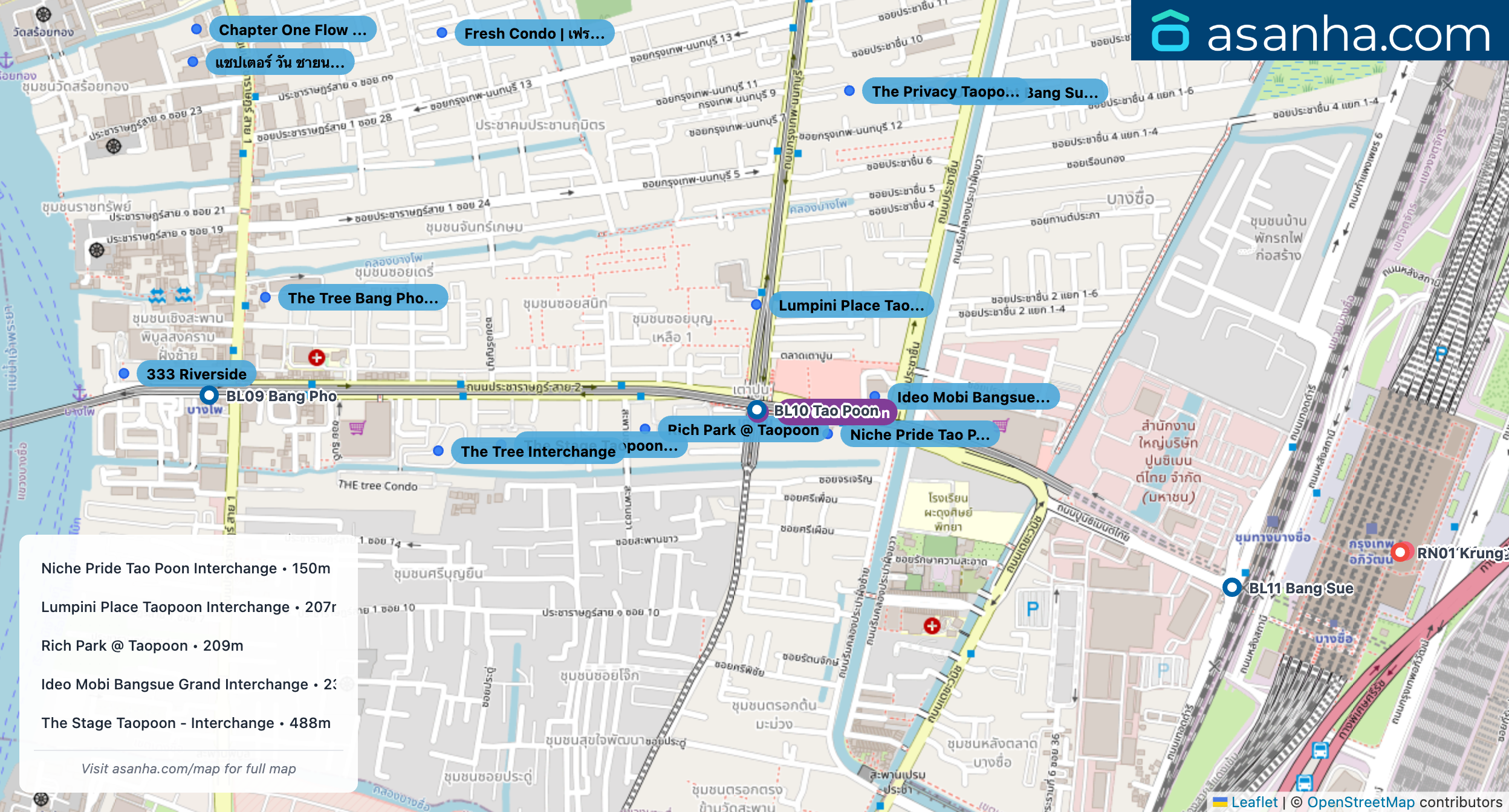 Map of condo projects near PP16 Tao Poon station. Nearest projects are Niche Pride Tao Poon Interchange 150 m, Lumpini Place Taopoon Interchange 207 m, Rich Park @ Taopoon 209 m, Ideo Mobi Bangsue Grand Interchange 236 m, The Stage Taopoon - Interchange 488 m. Visit asanha.com/map for the full map