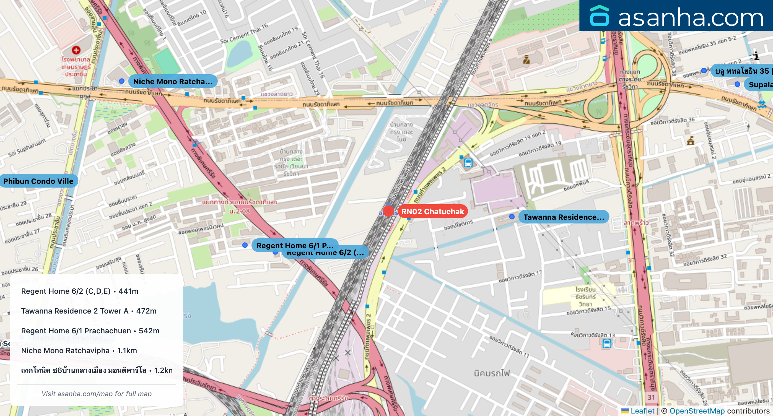 Map of condo projects near RN02 Chatuchak station. Nearest projects are Regent Home 6/2 (C,D,E) 441 m, Tawanna Residence 2 Tower A 472 m, Regent Home 6/1 Prachachuen 542 m, Niche Mono Ratchavipha 1.1 km, เทคโทนิค ซ6บ้านกลางเมือง มอนติคาร์โล 1.2 km. Visit asanha.com/map for the full map