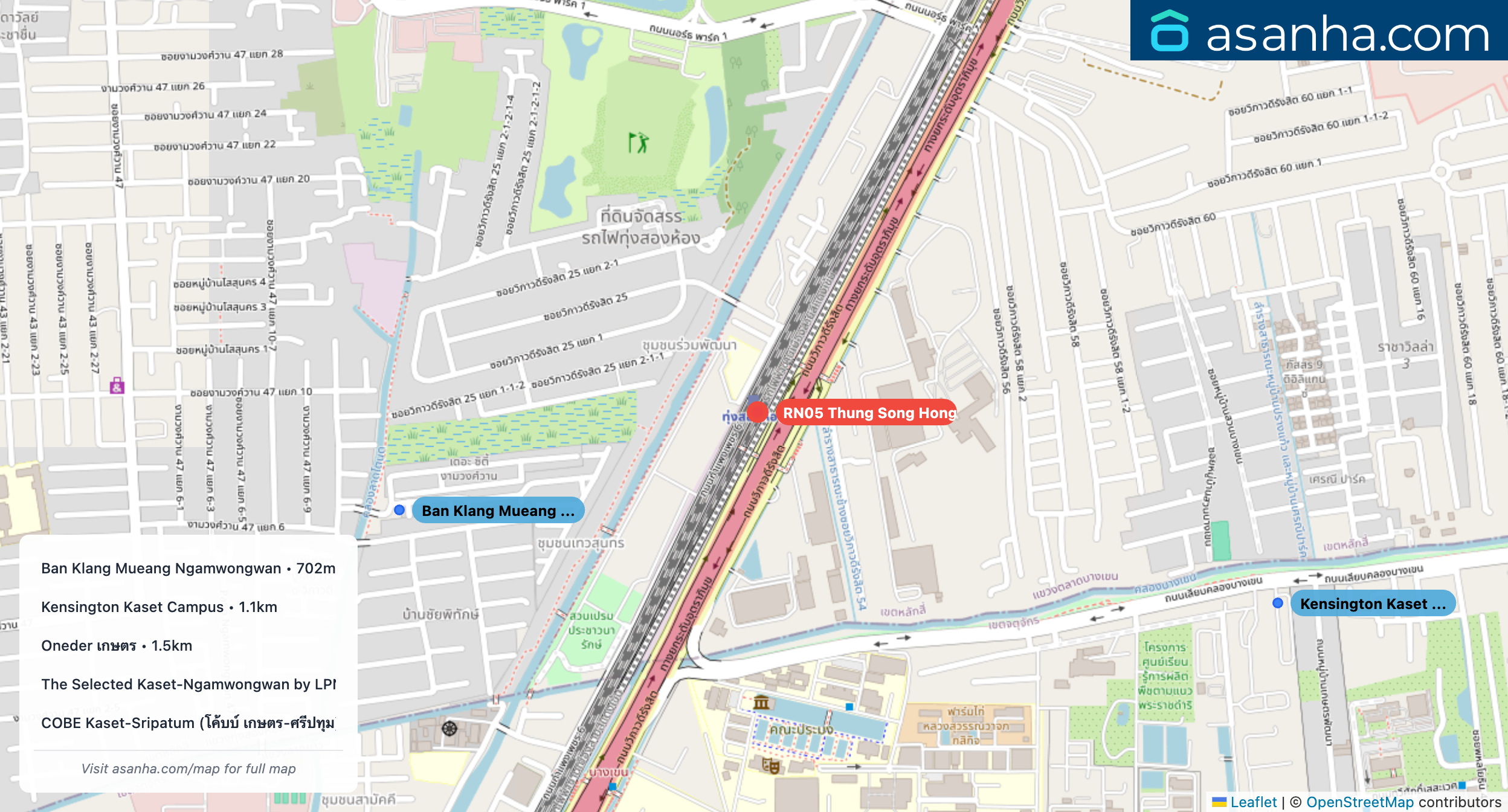 Map of condo projects near RN05 Thung Song Hong station. Nearest projects are Ban Klang Mueang Ngamwongwan 702 m, Kensington Kaset Campus 1.1 km, Oneder เกษตร 1.5 km, The Selected Kaset-Ngamwongwan by LPN 1.6 km, COBE Kaset-Sripatum (โค้บบ์ เกษตร-ศรีปทุม) 1.9 km. Visit asanha.com/map for the full map