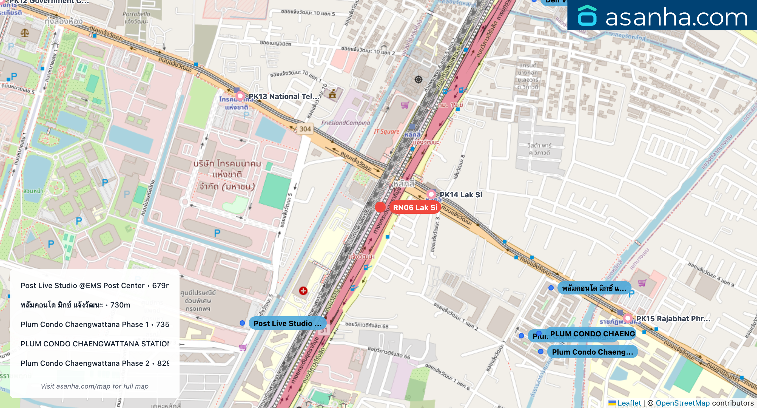 Map of condo projects near RN06 Lak Si station. Nearest projects are Post Live Studio @EMS Post Center 679 m, พลัมคอนโด มิกซ์ แจ้งวัฒนะ 730 m, Plum Condo Chaengwattana Phase 1 735 m, PLUM CONDO CHAENGWATTANA STATION พลัม คอนโด แจ้งวัฒนะ สเตชั่น 781 m, Plum Condo Chaengwattana Phase 2 829 m. Visit asanha.com/map for the full map