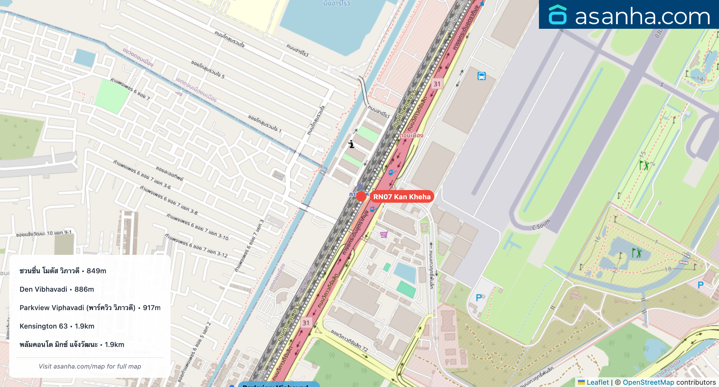 Map of condo projects near RN07 Kan Kheha station. Nearest projects are ชวนชื่น โมดัส วิภาวดี 849 m, Den Vibhavadi 886 m, Parkview Viphavadi (พาร์ควิว วิภาวดี) 917 m, Kensington 63 1.9 km, พลัมคอนโด มิกซ์ แจ้งวัฒนะ 1.9 km. Visit asanha.com/map for the full map