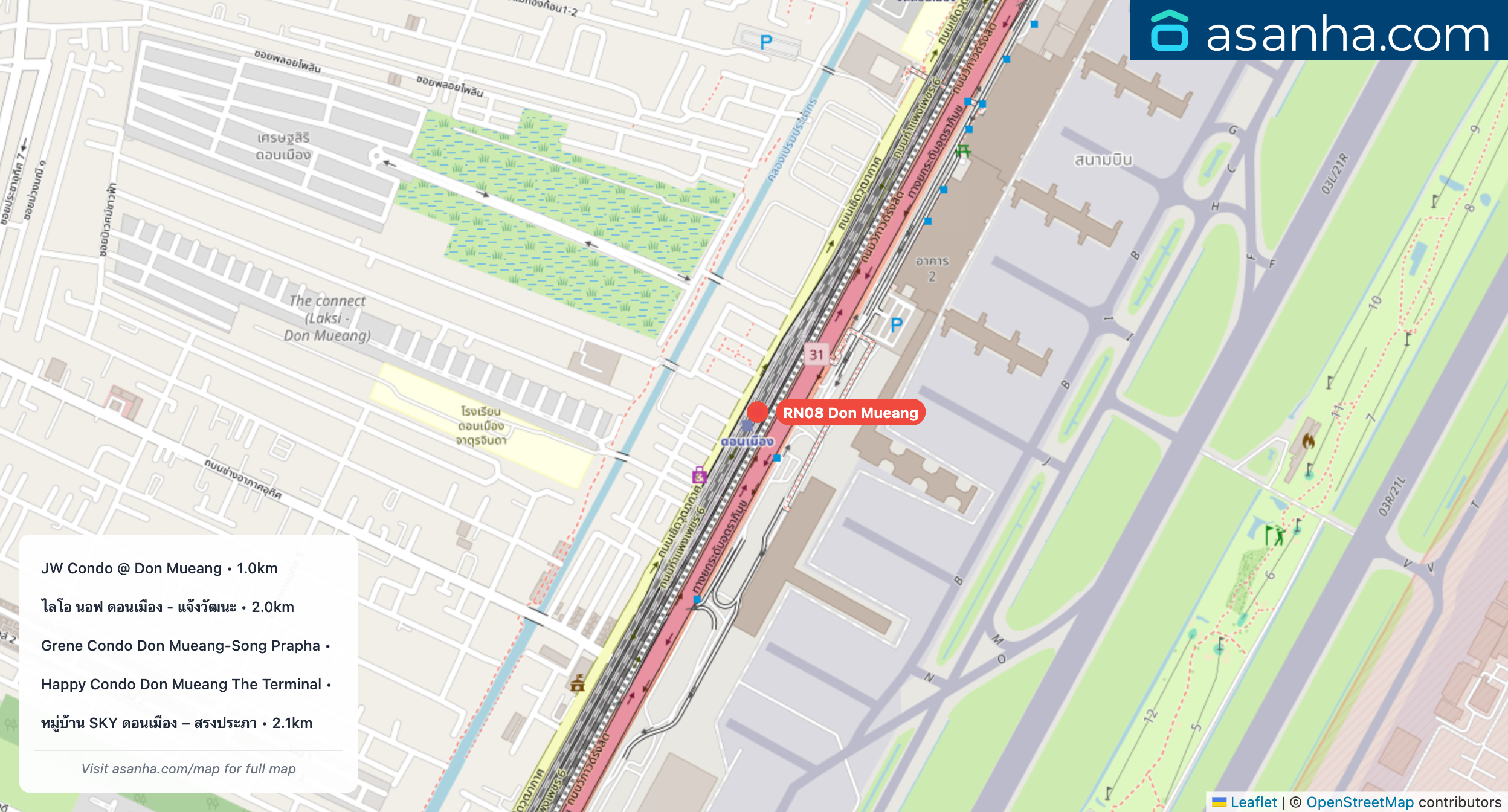 Map of condo projects near RN08 Don Mueang station. Nearest projects are JW Condo @ Don Mueang 1.0 km, ไลโอ นอฟ ดอนเมือง - แจ้งวัฒนะ 2.0 km, Grene Condo Don Mueang-Song Prapha 2.0 km, Happy Condo Don Mueang The Terminal 2.1 km, หมู่บ้าน SKY ดอนเมือง – สรงประภา 2.1 km. Visit asanha.com/map for the full map