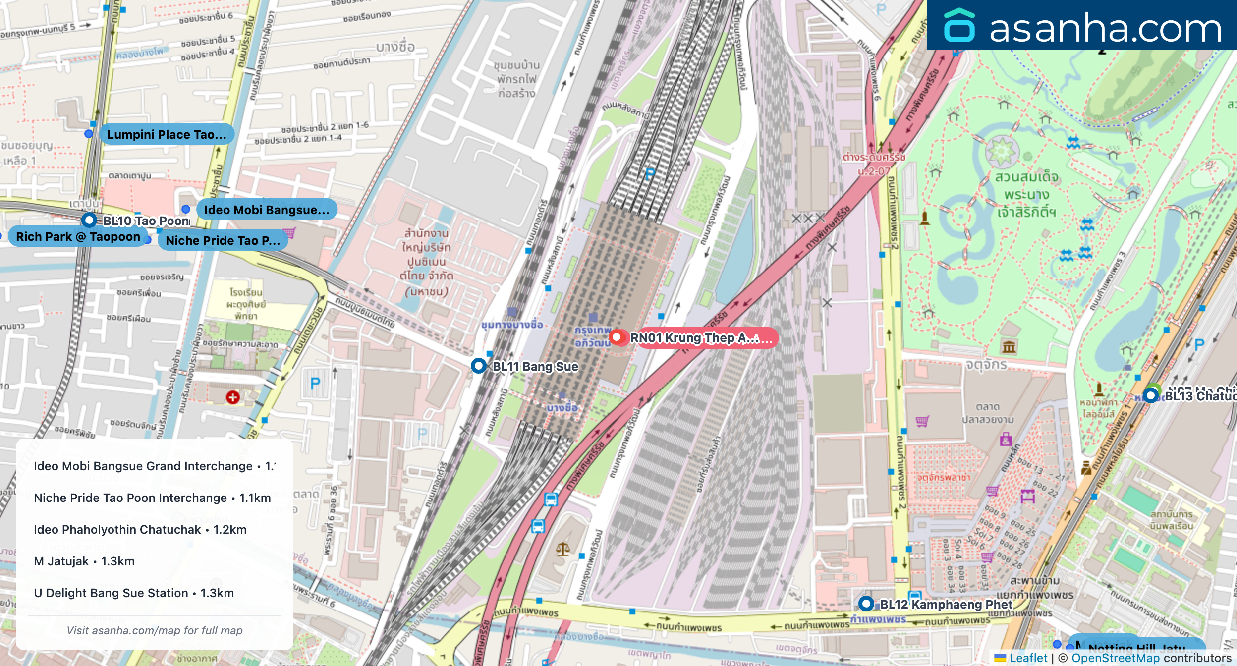 Map of condo projects near RW01 Krung Thep Aphiwat Central station. Nearest projects are Ideo Mobi Bangsue Grand Interchange 1.1 km, Niche Pride Tao Poon Interchange 1.1 km, Ideo Phaholyothin Chatuchak 1.2 km, M Jatujak 1.3 km, U Delight Bang Sue Station 1.3 km. Visit asanha.com/map for the full map