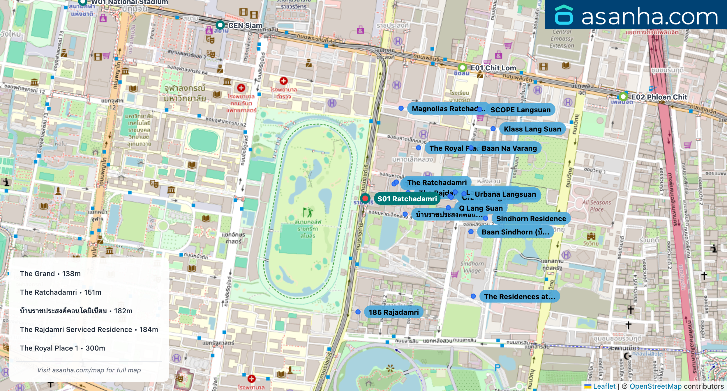 Map of condo projects near S01 Ratchadamri station. Nearest projects are The Grand 138 m, The Ratchadamri 151 m, บ้านราชประสงค์คอนโดมิเนียม 182 m, The Rajdamri Serviced Residence 184 m, The Royal Place 1 300 m. Visit asanha.com/map for the full map