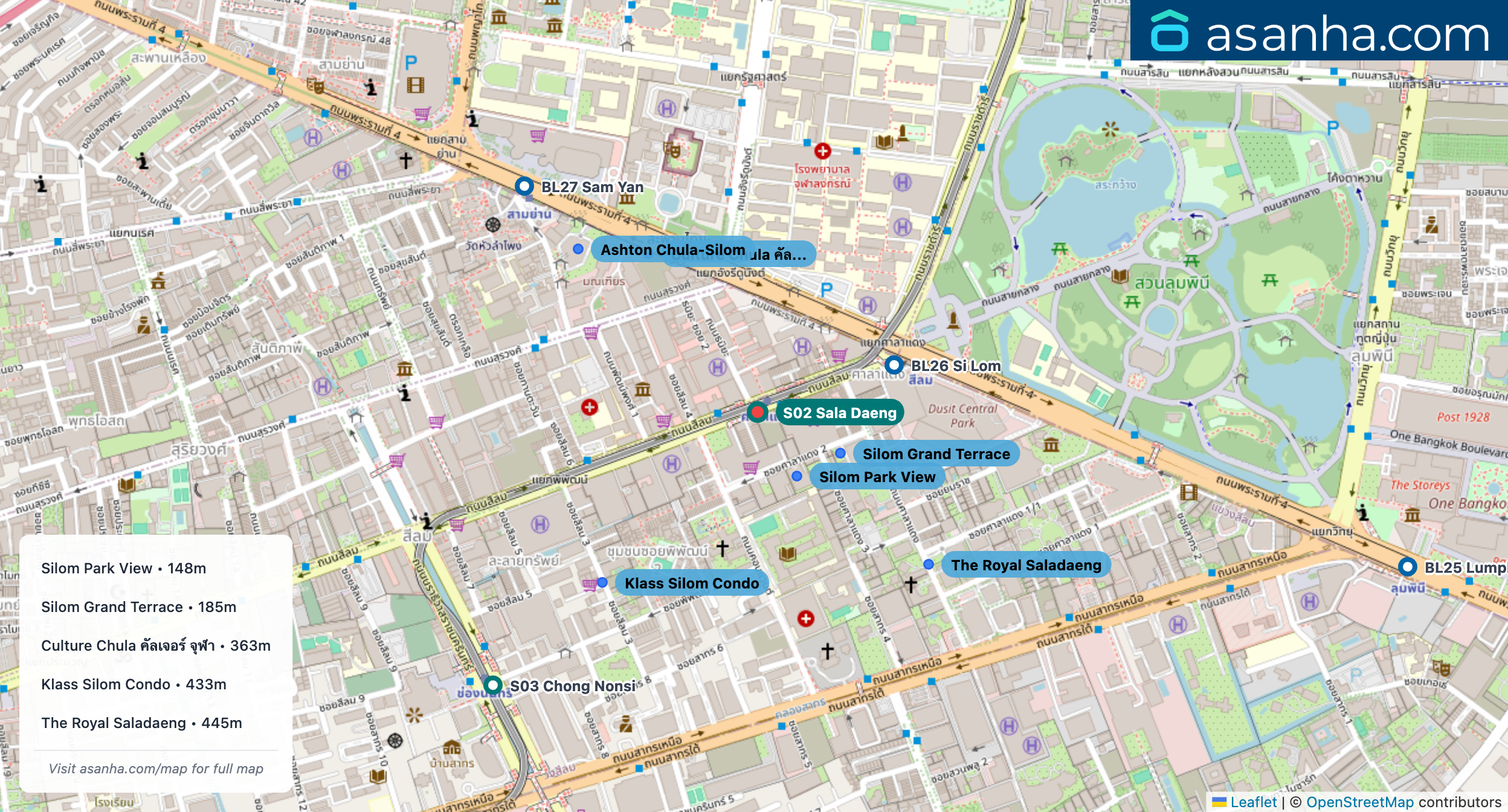Map of condo projects near S02 Sala Daeng station. Nearest projects are Silom Park View 148 m, Silom Grand Terrace 185 m, Culture Chula คัลเจอร์ จุฬา 363 m, Klass Silom Condo 433 m, The Royal Saladaeng 445 m. Visit asanha.com/map for the full map