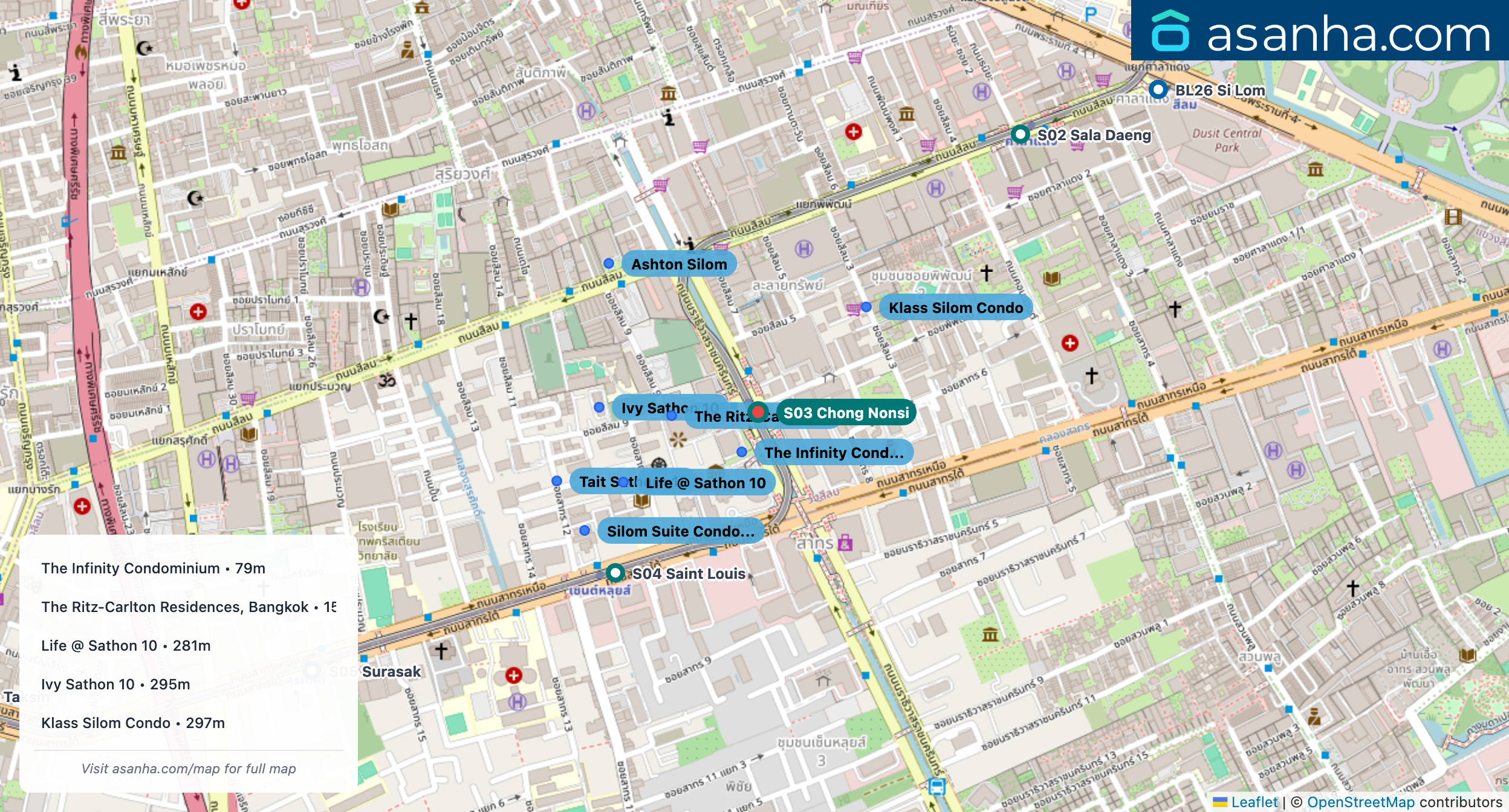 Map of condo projects near S03 Chong Nonsi station. Nearest projects are The Infinity Condominium 79 m, The Ritz-Carlton Residences, Bangkok 156 m, Life @ Sathon 10 281 m, Ivy Sathon 10 295 m, Klass Silom Condo 297 m. Visit asanha.com/map for the full map