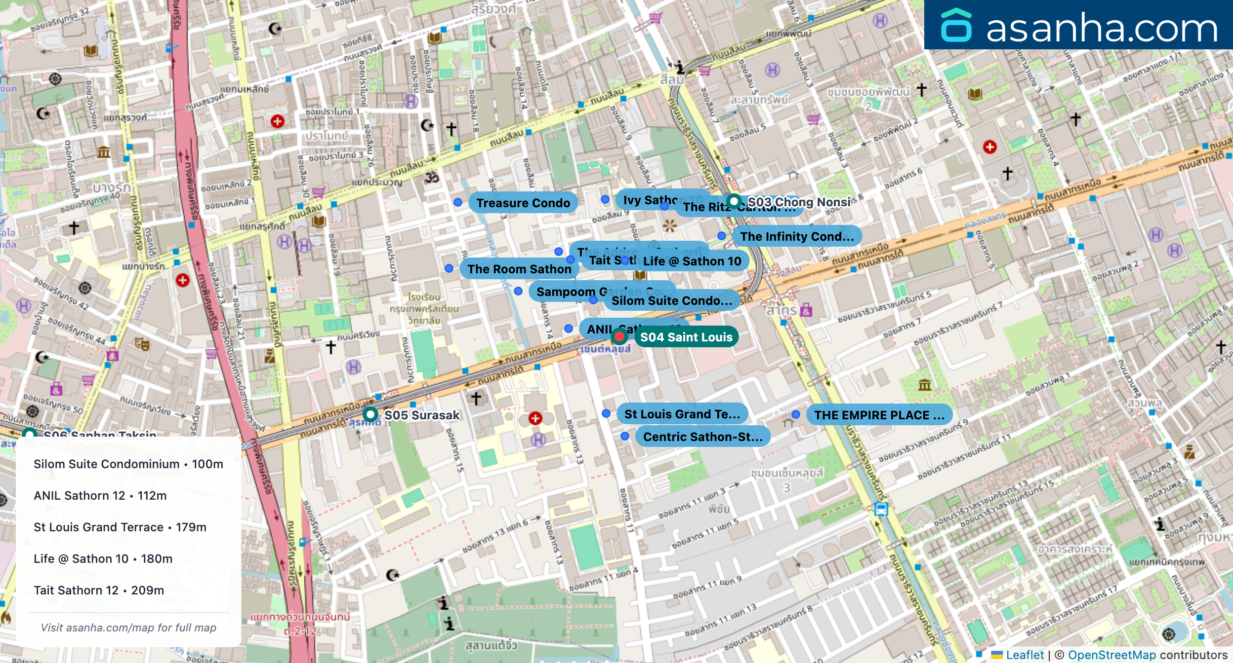 Map of condo projects near S04 Saint Louis station. Nearest projects are Silom Suite Condominium 100 m, ANIL Sathorn 12 112 m, St Louis Grand Terrace 179 m, Life @ Sathon 10 180 m, Tait Sathorn 12 209 m. Visit asanha.com/map for the full map