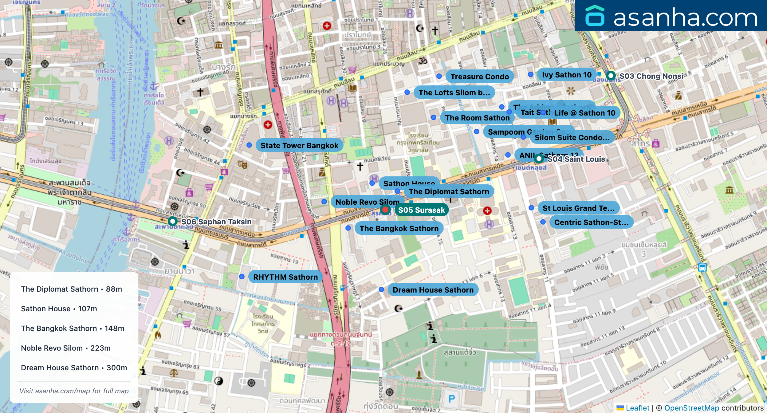 Map of condo projects near S05 Surasak station. Nearest projects are The Diplomat Sathorn 88 m, Sathon House 107 m, The Bangkok Sathorn 148 m, Noble Revo Silom 223 m, Dream House Sathorn 300 m. Visit asanha.com/map for the full map