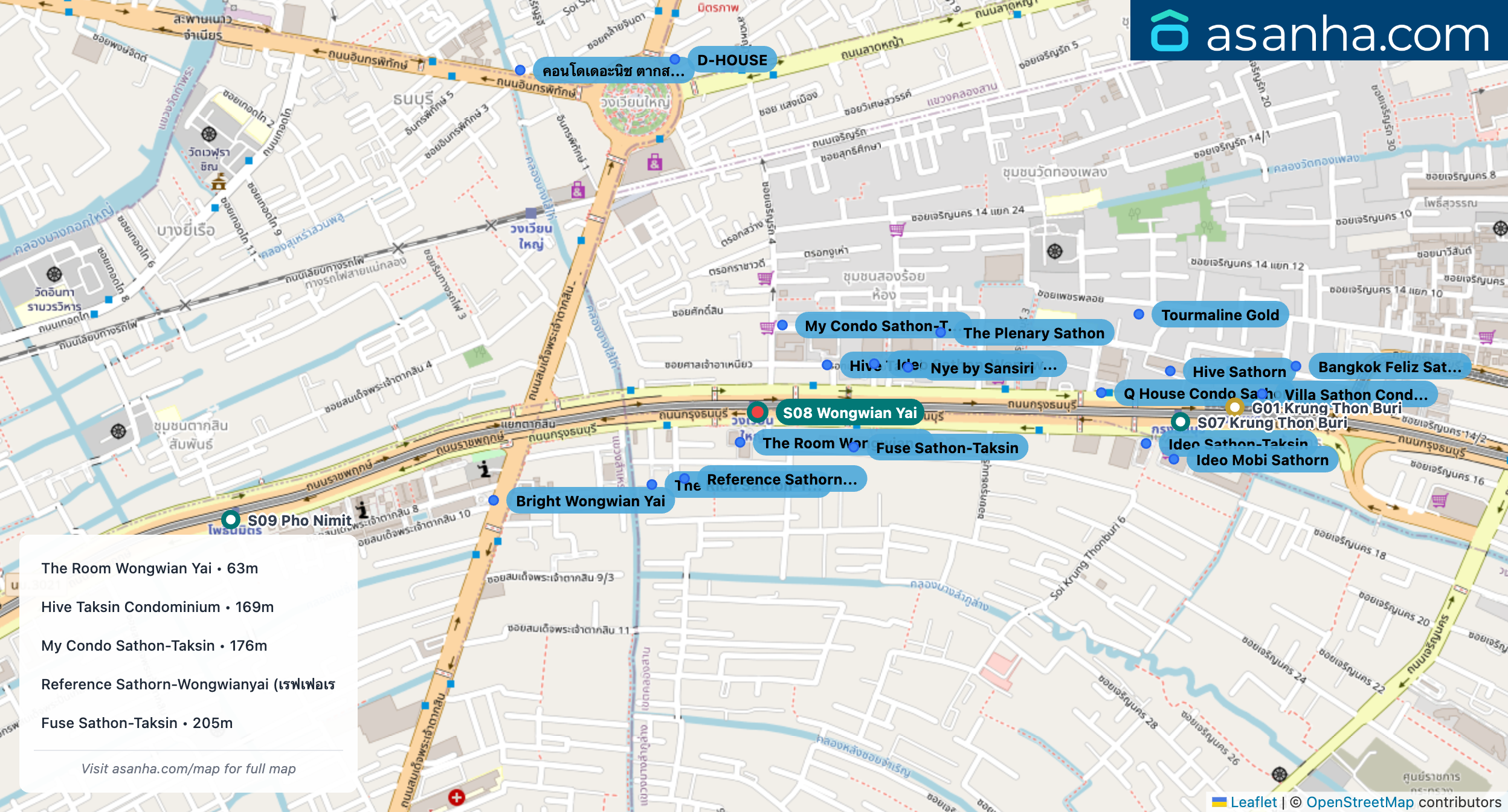 Map of condo projects near S08 Wongwian Yai station. Nearest projects are The Room Wongwian Yai 63 m, Hive Taksin Condominium 169 m, My Condo Sathon-Taksin 176 m, Reference Sathorn-Wongwianyai (เรฟเฟอเรนซ์ สาทร-วงเวียนใหญ่) 182 m, Fuse Sathon-Taksin 205 m. Visit asanha.com/map for the full map