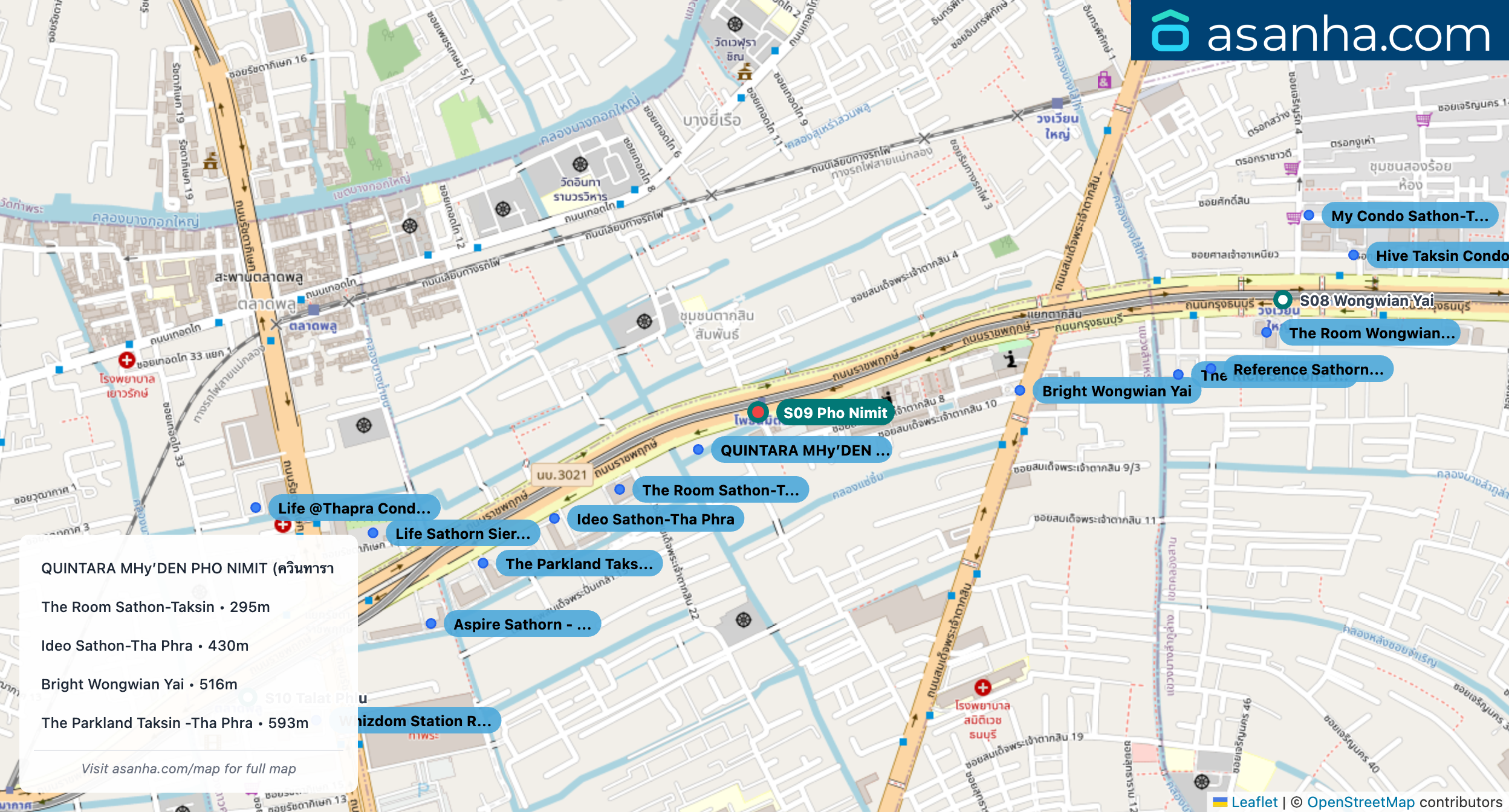 Map of condo projects near S09 Pho Nimit station. Nearest projects are QUINTARA MHy’DEN PHO NIMIT (ควินทารา มาย’เดน โพธิ์นิมิตร) 125 m, The Room Sathon-Taksin 295 m, Ideo Sathon-Tha Phra 430 m, Bright Wongwian Yai 516 m, The Parkland Taksin -Tha Phra 593 m. Visit asanha.com/map for the full map