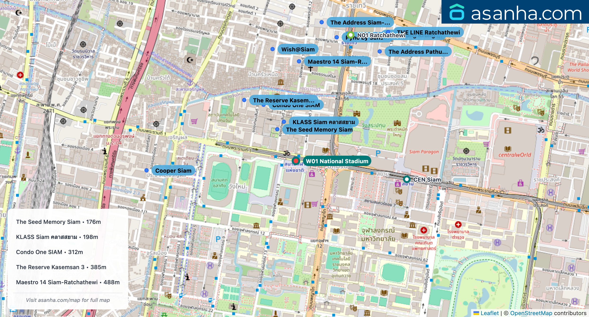 Map of condo projects near W01 National Stadium station. Nearest projects are The Seed Memory Siam 176 m, KLASS Siam คลาสสยาม 198 m, Condo One SIAM 312 m, The Reserve Kasemsan 3 385 m, Maestro 14 Siam-Ratchathewi 488 m. Visit asanha.com/map for the full map