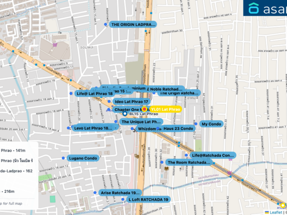Map of condo projects near YL01 Lat Phrao station. Nearest projects are The Origin Ratchada-Lat Phrao 141 m, NUE Noble Ratchada Lat Phrao (นิว โนเบิล รัชดา ลาดพร้าว) 156 m, Whizdom Avenue Ratchada-Ladprao 162 m, Haus 23 Condo 176 m, The Unique Lat Phrao 26 216 m. Visit asanha.com/map for the full map