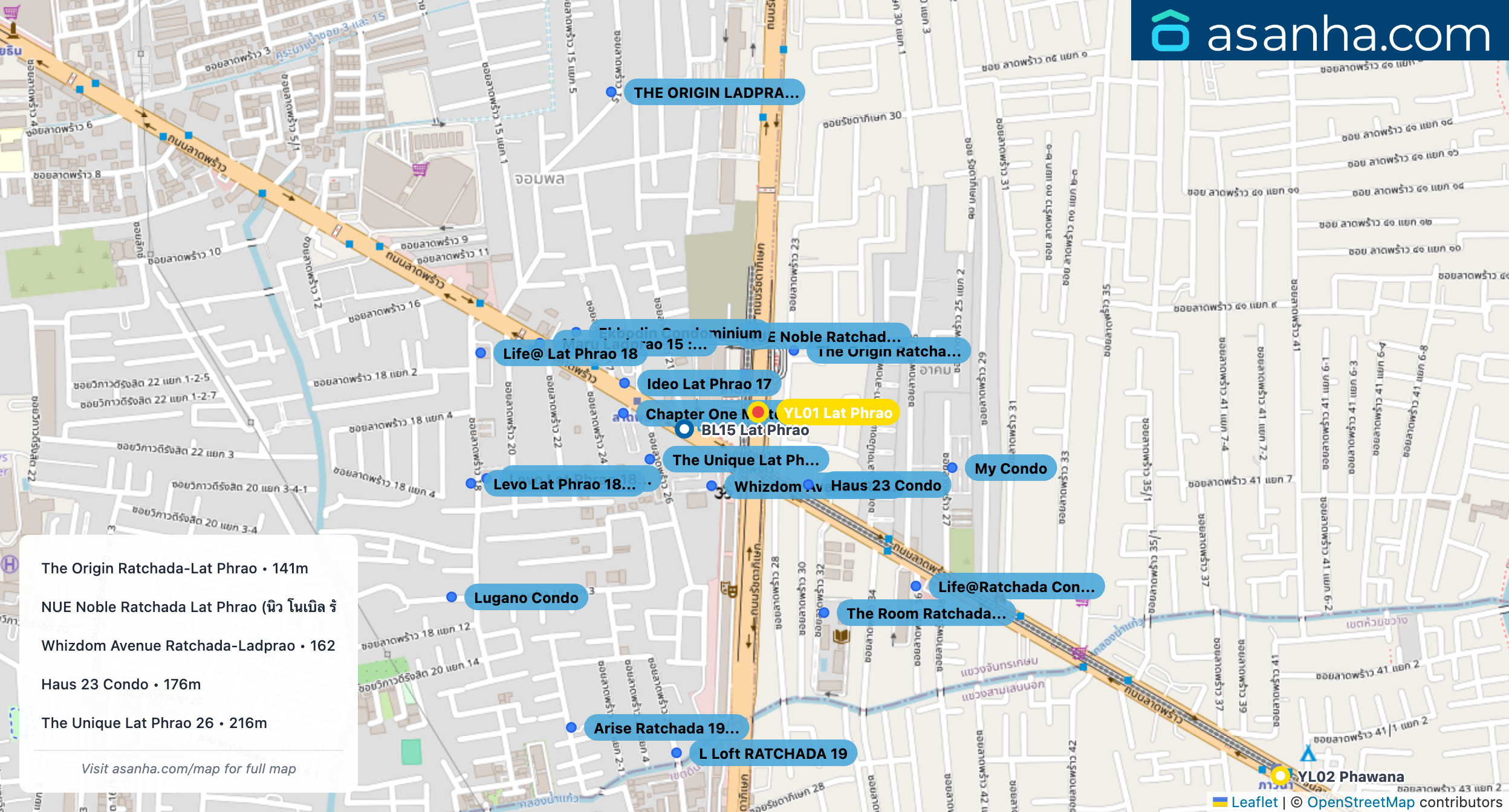 Map of condo projects near YL01 Lat Phrao station. Nearest projects are The Origin Ratchada-Lat Phrao 141 m, NUE Noble Ratchada Lat Phrao (นิว โนเบิล รัชดา ลาดพร้าว) 156 m, Whizdom Avenue Ratchada-Ladprao 162 m, Haus 23 Condo 176 m, The Unique Lat Phrao 26 216 m. Visit asanha.com/map for the full map