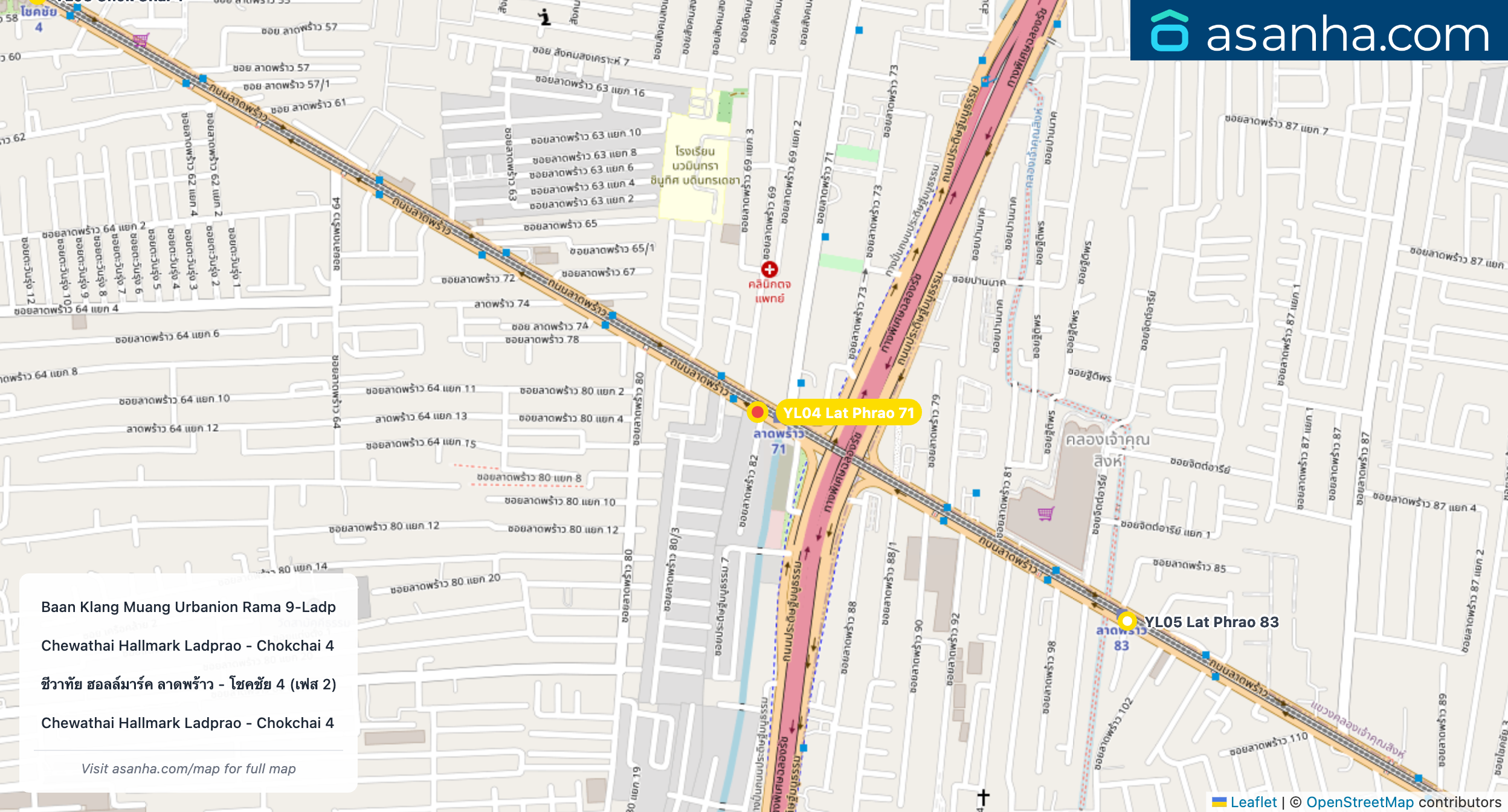 Map of condo projects near YL04 Lat Phrao 71 station. Nearest projects are Baan Klang Muang Urbanion Rama 9-Ladprao 1.1 km, Chewathai Hallmark Ladprao - Chokchai 4 Phase 2 1.2 km, ชีวาทัย ฮอลล์มาร์ค ลาดพร้าว - โชคชัย 4 (เฟส 2) 1.2 km, Chewathai Hallmark Ladprao - Chokchai 4 1.2 km. Visit asanha.com/map for the full map