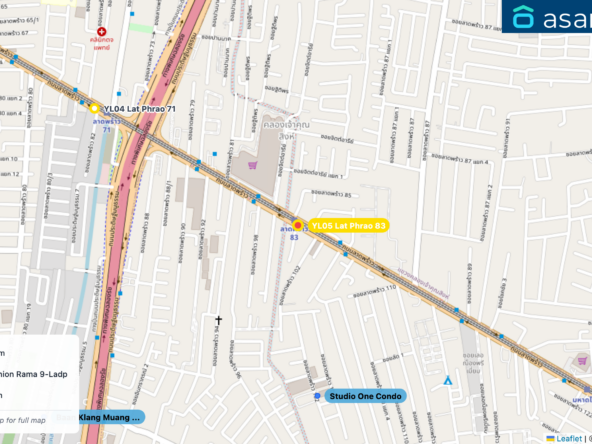 Map of condo projects near YL05 Lat Phrao 83 station. Nearest projects are Studio One Condo 601 m, Baan Klang Muang Urbanion Rama 9-Ladprao 1.1 km, THER Ladprao 93 1.1 km. Visit asanha.com/map for the full map
