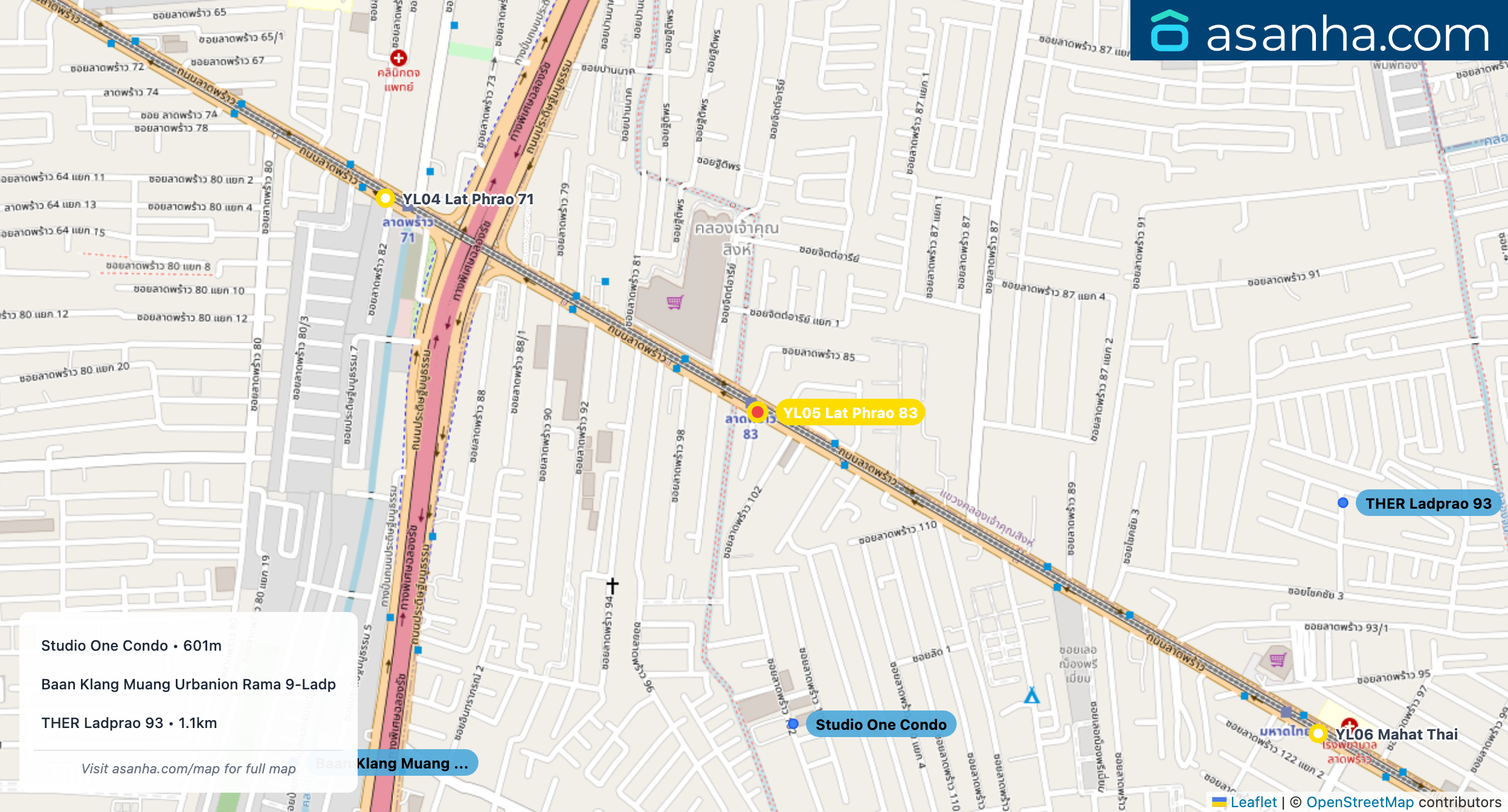 Map of condo projects near YL05 Lat Phrao 83 station. Nearest projects are Studio One Condo 601 m, Baan Klang Muang Urbanion Rama 9-Ladprao 1.1 km, THER Ladprao 93 1.1 km. Visit asanha.com/map for the full map