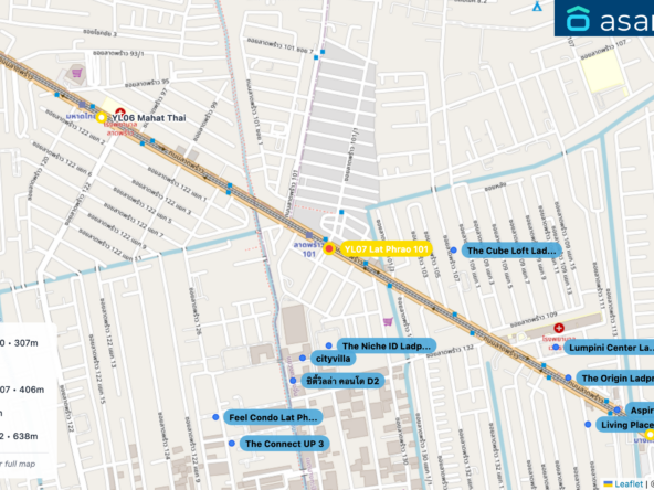 Map of condo projects near YL07 Lat Phrao 101 station. Nearest projects are The Niche ID Ladprao 130 307 m, cityvilla 354 m, The Cube Loft Ladprao 107 406 m, ซิตี้วิลล่า คอนโด D2 429 m, Feel Condo Lat Phrao 122 638 m. Visit asanha.com/map for the full map