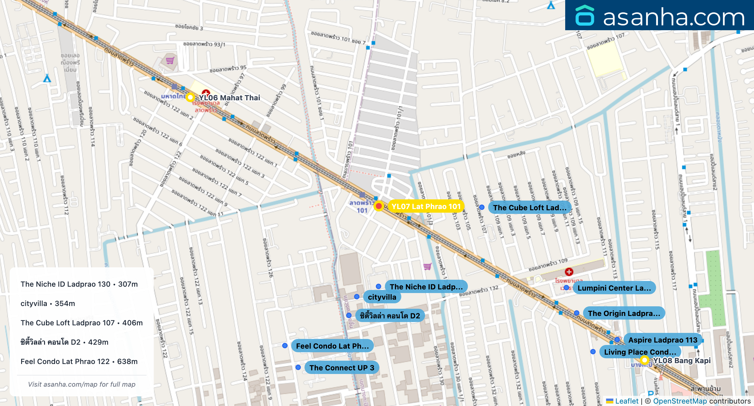 Map of condo projects near YL07 Lat Phrao 101 station. Nearest projects are The Niche ID Ladprao 130 307 m, cityvilla 354 m, The Cube Loft Ladprao 107 406 m, ซิตี้วิลล่า คอนโด D2 429 m, Feel Condo Lat Phrao 122 638 m. Visit asanha.com/map for the full map