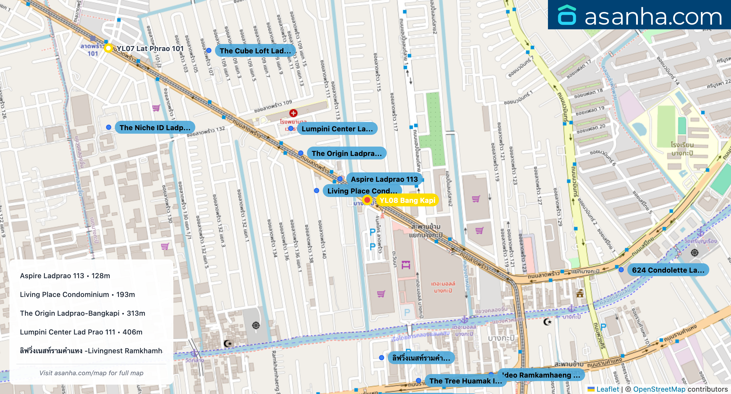 Map of condo projects near YL08 Bang Kapi station. Nearest projects are Aspire Ladprao 113 128 m, Living Place Condominium 193 m, The Origin Ladprao-Bangkapi 313 m, Lumpini Center Lad Prao 111 406 m, ลิฟวิ่งเนสท์รามคำแหง -Livingnest Ramkhamhaeng 623 m. Visit asanha.com/map for the full map