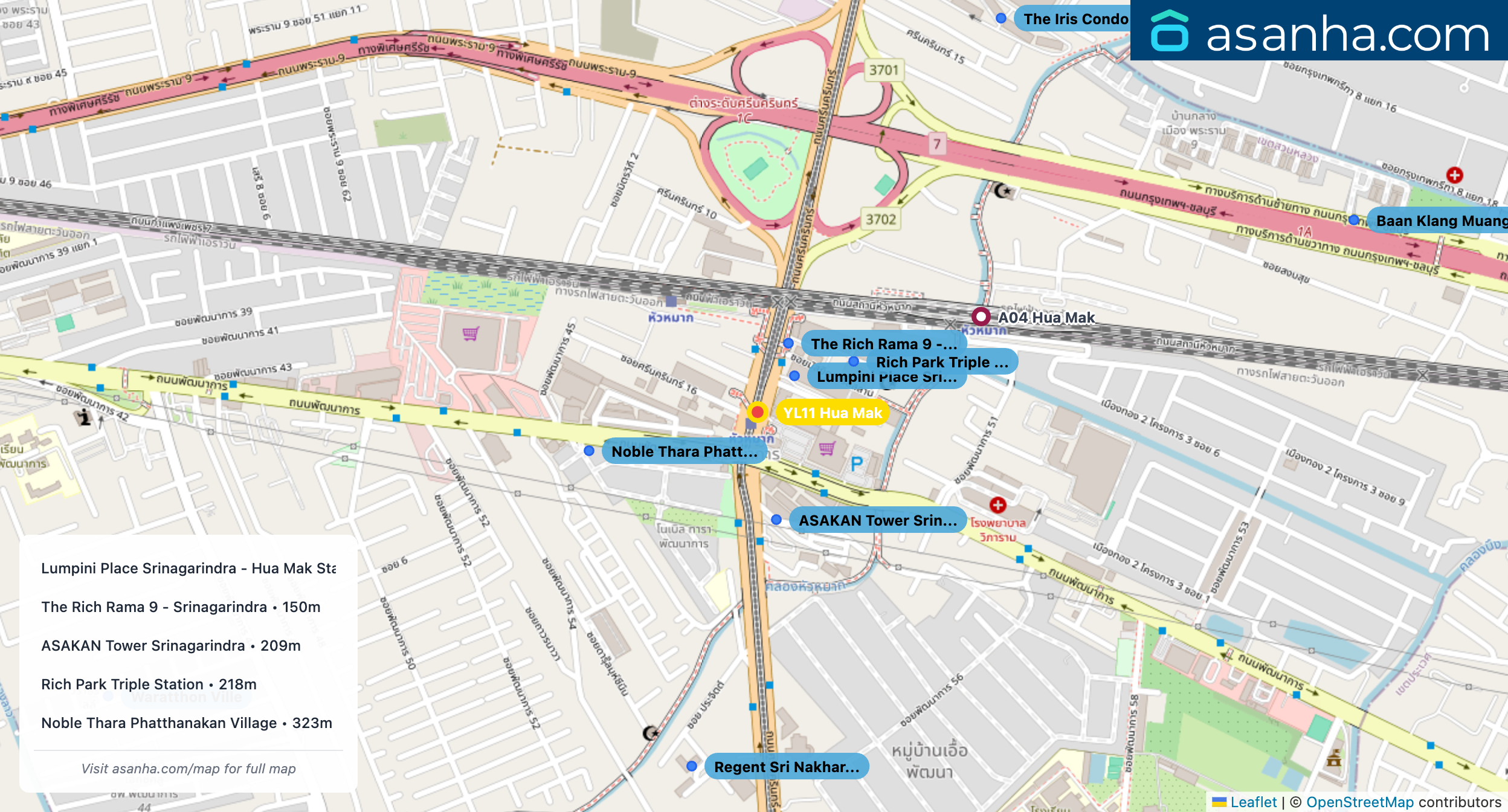 Map of condo projects near YL11 Hua Mak station. Nearest projects are Lumpini Place Srinagarindra - Hua Mak Station 108 m, The Rich Rama 9 - Srinagarindra 150 m, ASAKAN Tower Srinagarindra 209 m, Rich Park Triple Station 218 m, Noble Thara Phatthanakan Village 323 m. Visit asanha.com/map for the full map