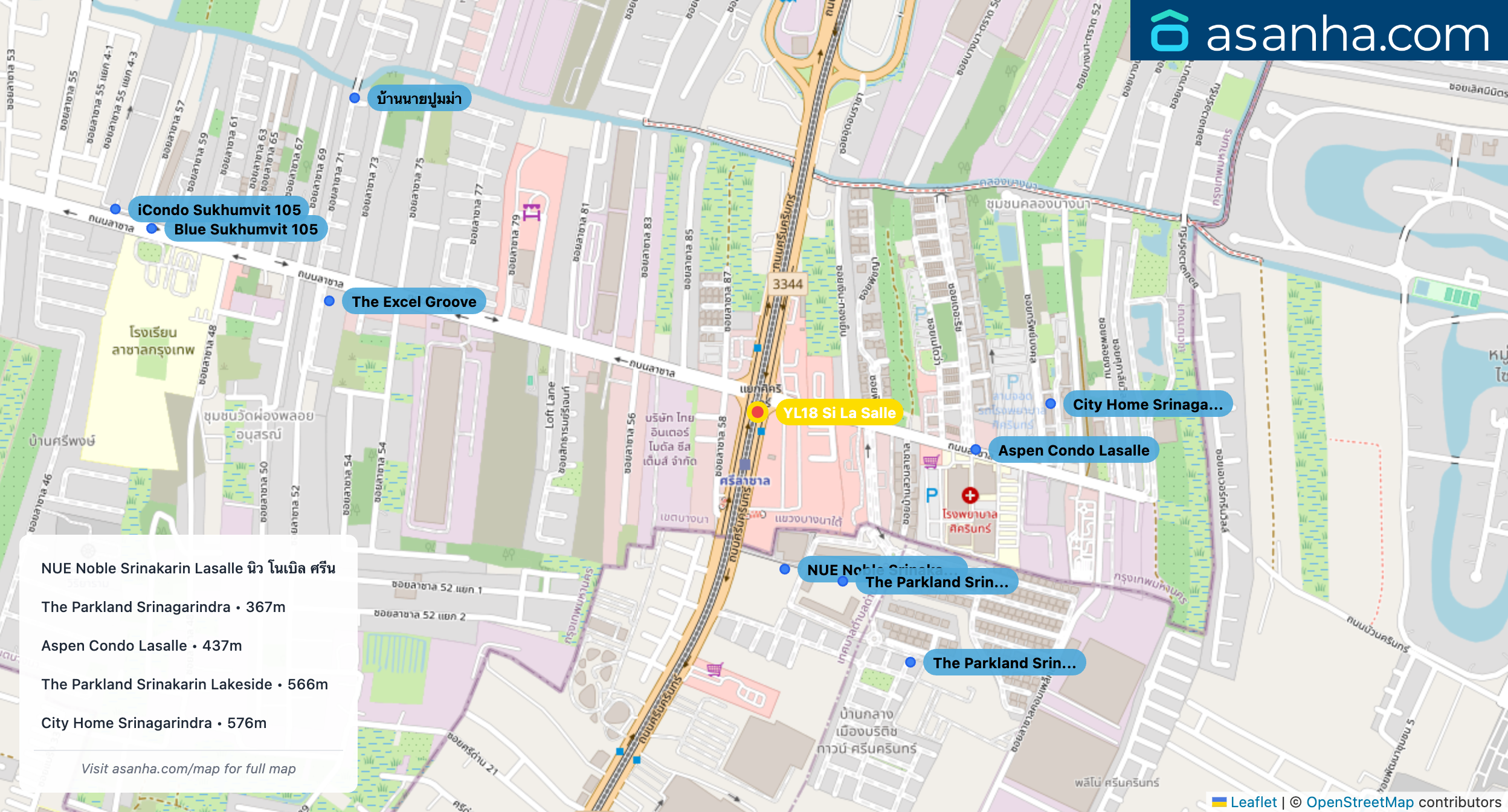 Map of condo projects near YL18 Si La Salle station. Nearest projects are NUE Noble Srinakarin Lasalle นิว โนเบิล ศรีนครินทร์ – ลาซาล 306 m, The Parkland Srinagarindra 367 m, Aspen Condo Lasalle 437 m, The Parkland Srinakarin Lakeside 566 m, City Home Srinagarindra 576 m. Visit asanha.com/map for the full map