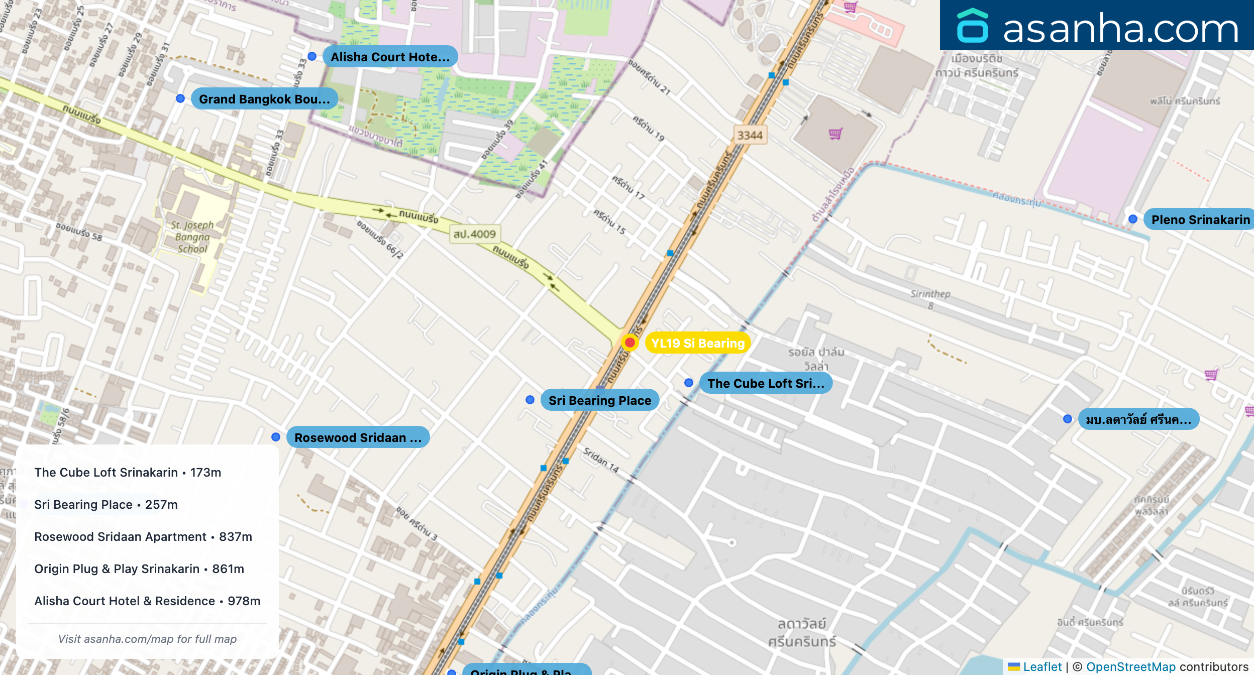 Map of condo projects near YL19 Si Bearing station. Nearest projects are The Cube Loft Srinakarin 173 m, Sri Bearing Place 257 m, Rosewood Sridaan Apartment 837 m, Origin Plug & Play Srinakarin 861 m, Alisha Court Hotel & Residence 978 m. Visit asanha.com/map for the full map