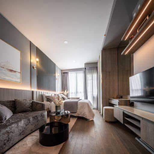 living room and bedroom of Park​ Origin​ Phaya Thai
