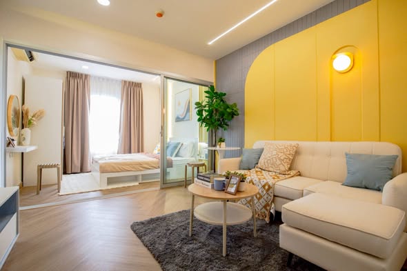 living room and bedroom of พลัม คอนโด พระราม 2