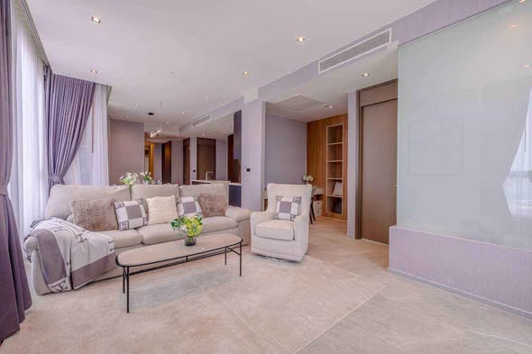living room and bedroom of HYDE Heritage Thonglor, Sukhumvit 59 main road