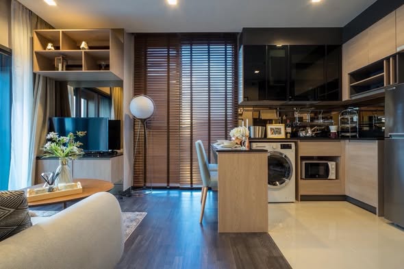 living room and kitchen of THE LINE Asoke-Ratchada