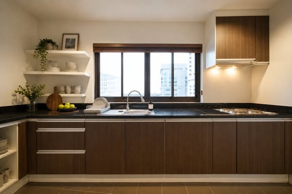 bathroom and kitchen of Bangkok dream apartments on Riverside