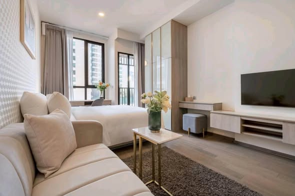 living room and bedroom of Park​ Origin​ Phaya Thai
