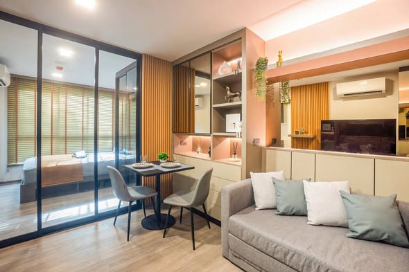bedroom and living room and room interior of Atmoz Palacio Ladprao Wanghin | แอทโมซ พาลาซิโอ ลาดพร้าว วังหิน